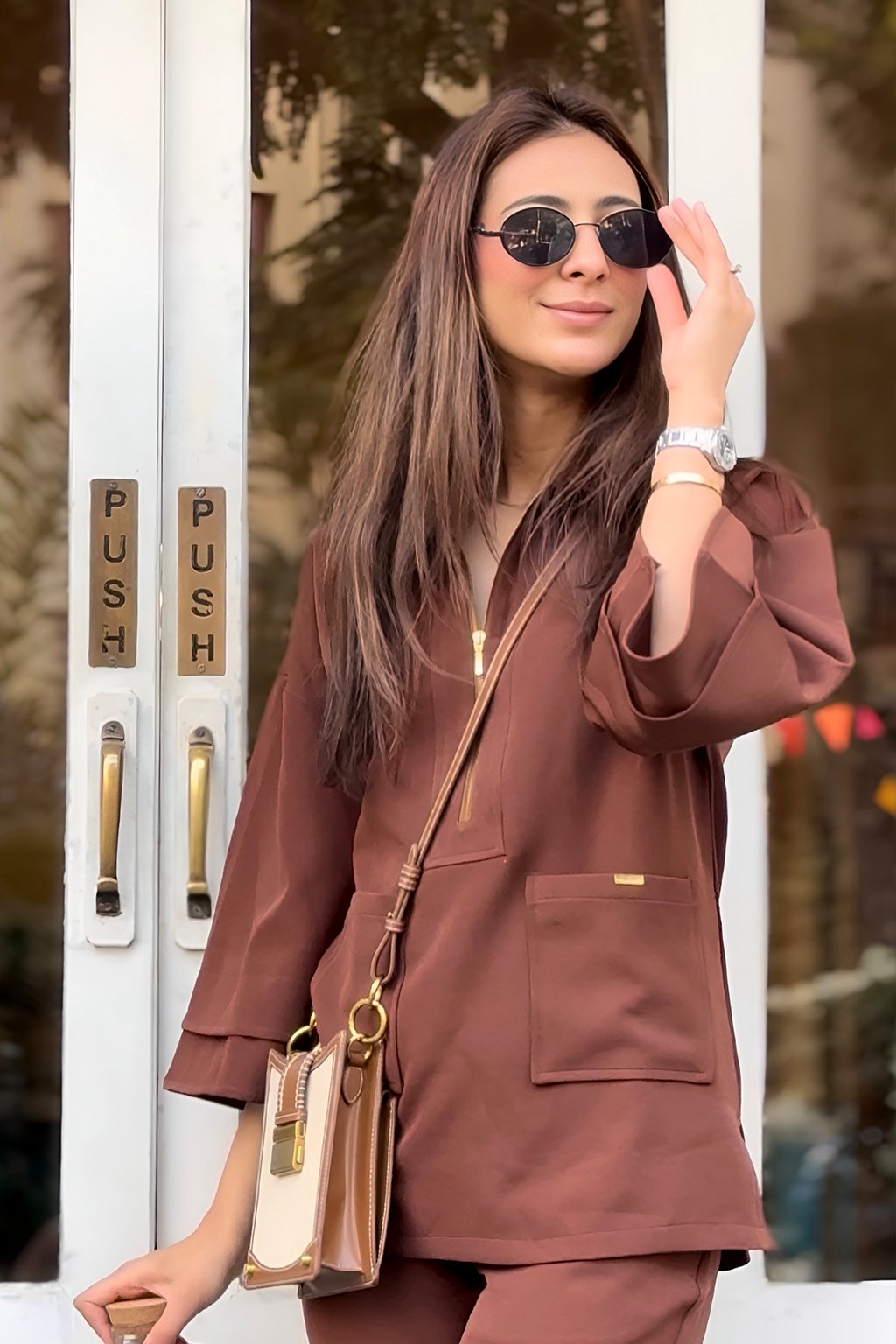 Brown Banana Crepe Half-Zip Co-ord Set with Bell-Bottoms