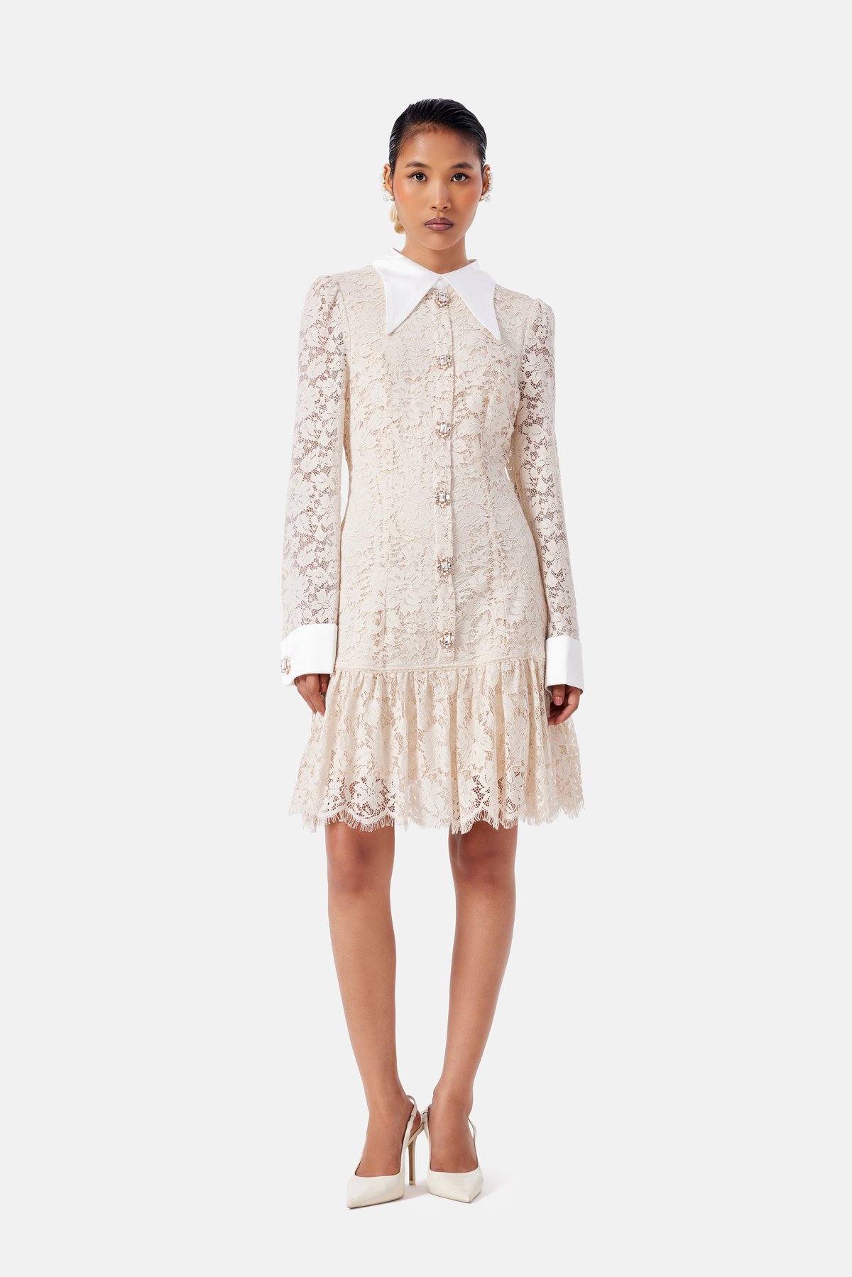 Beige Lace Shirt Dress with Oversized Collar