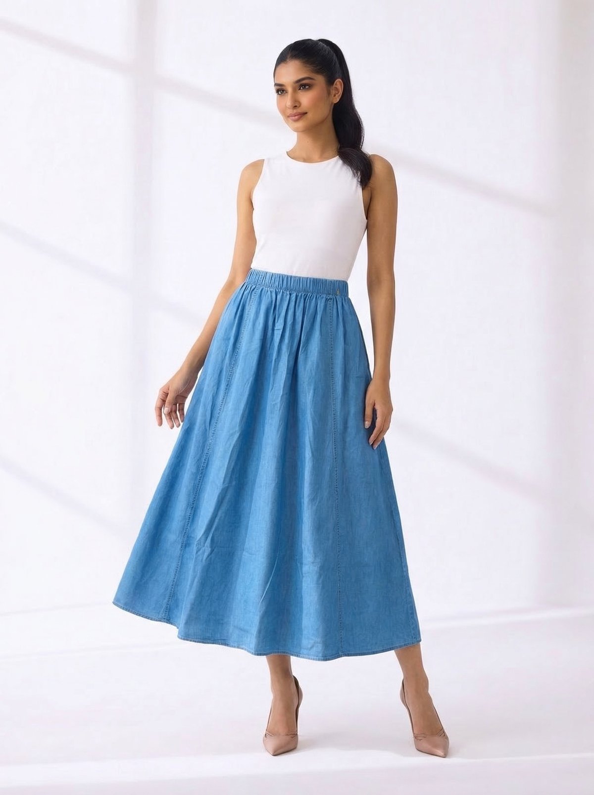 Blue Cotton A-Line Midi Skirt with Elasticated Waist