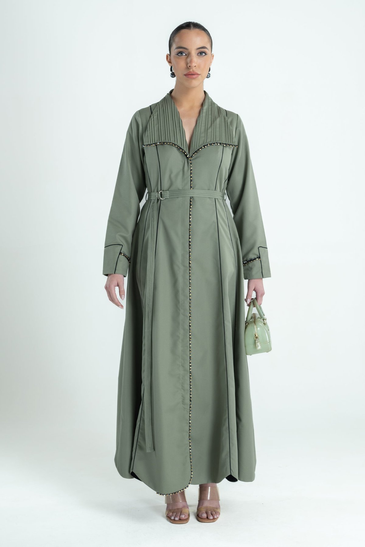 Olive Belted Trench-Style Maxi Dress with Bead-Sequin Trim
