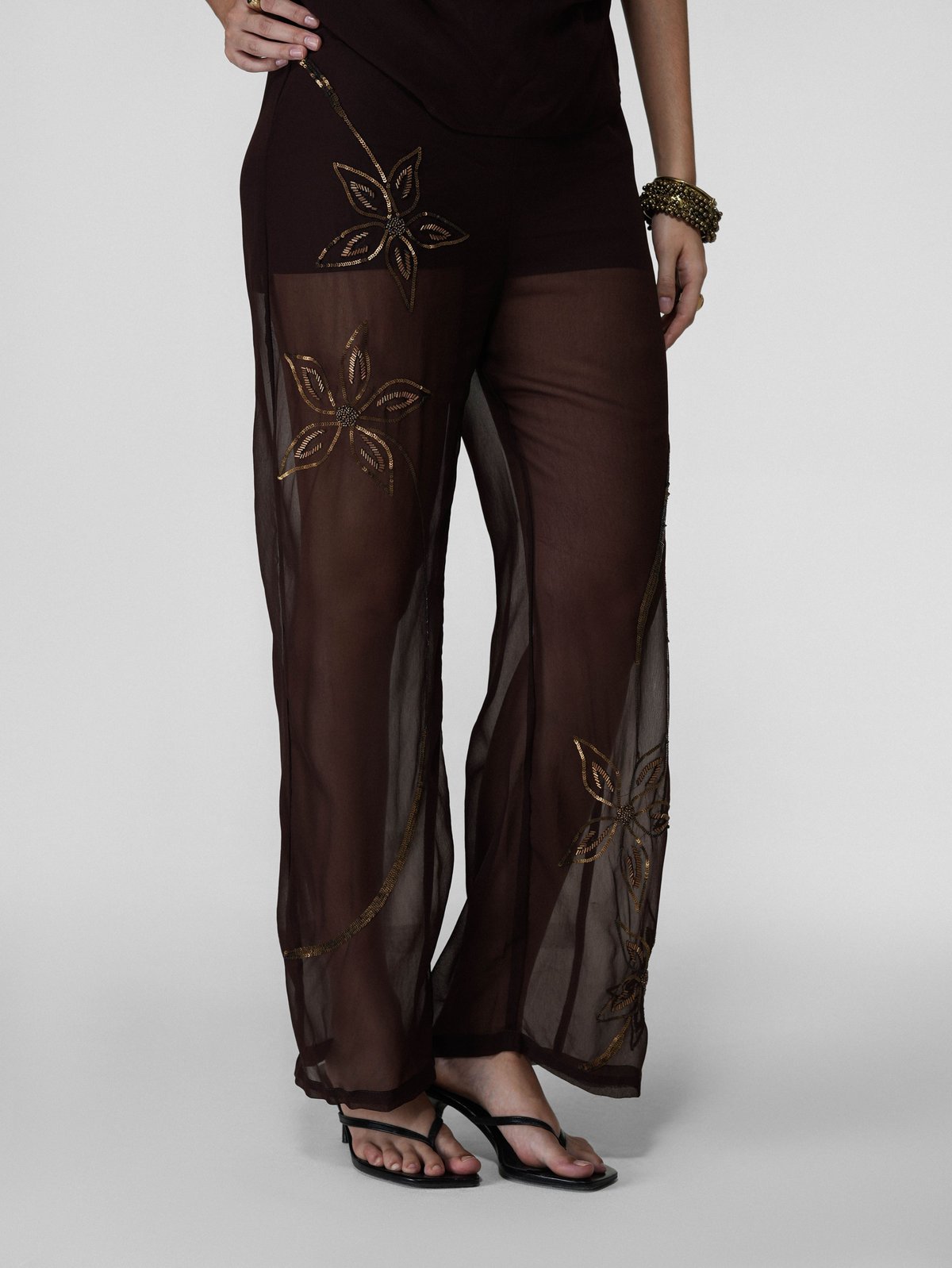 Brown Sheer Drawstring Wide-Leg Pants