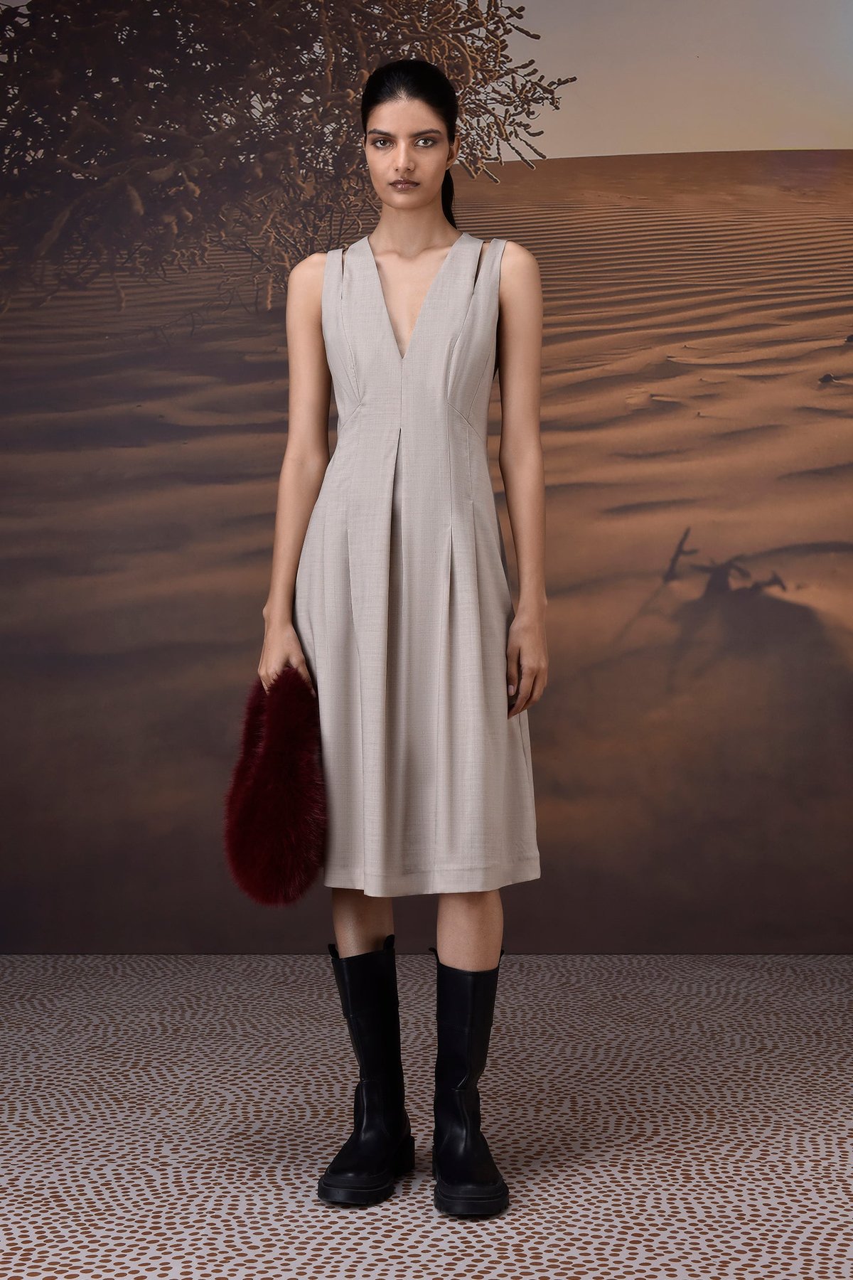Warm Beige Poly-Wool Fit and Flare Midi Dress