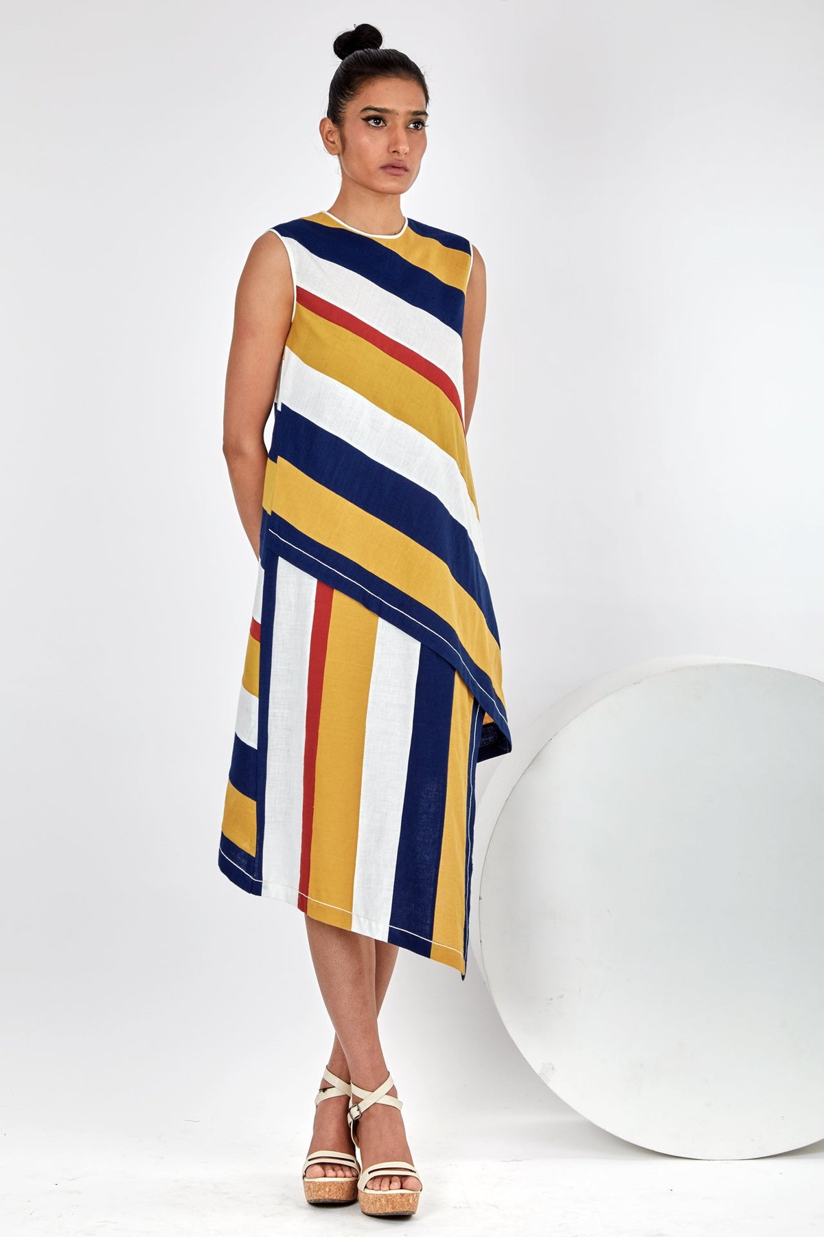 Multicolor Striped Handloom Cotton Midi Shift Dress