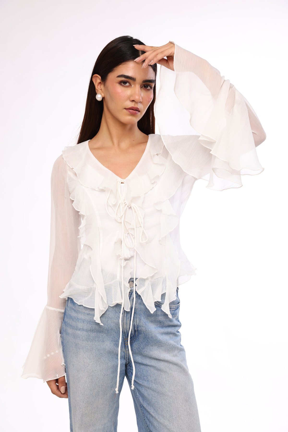 White Sheer Ruffle Tie-Front Bell Sleeve Top