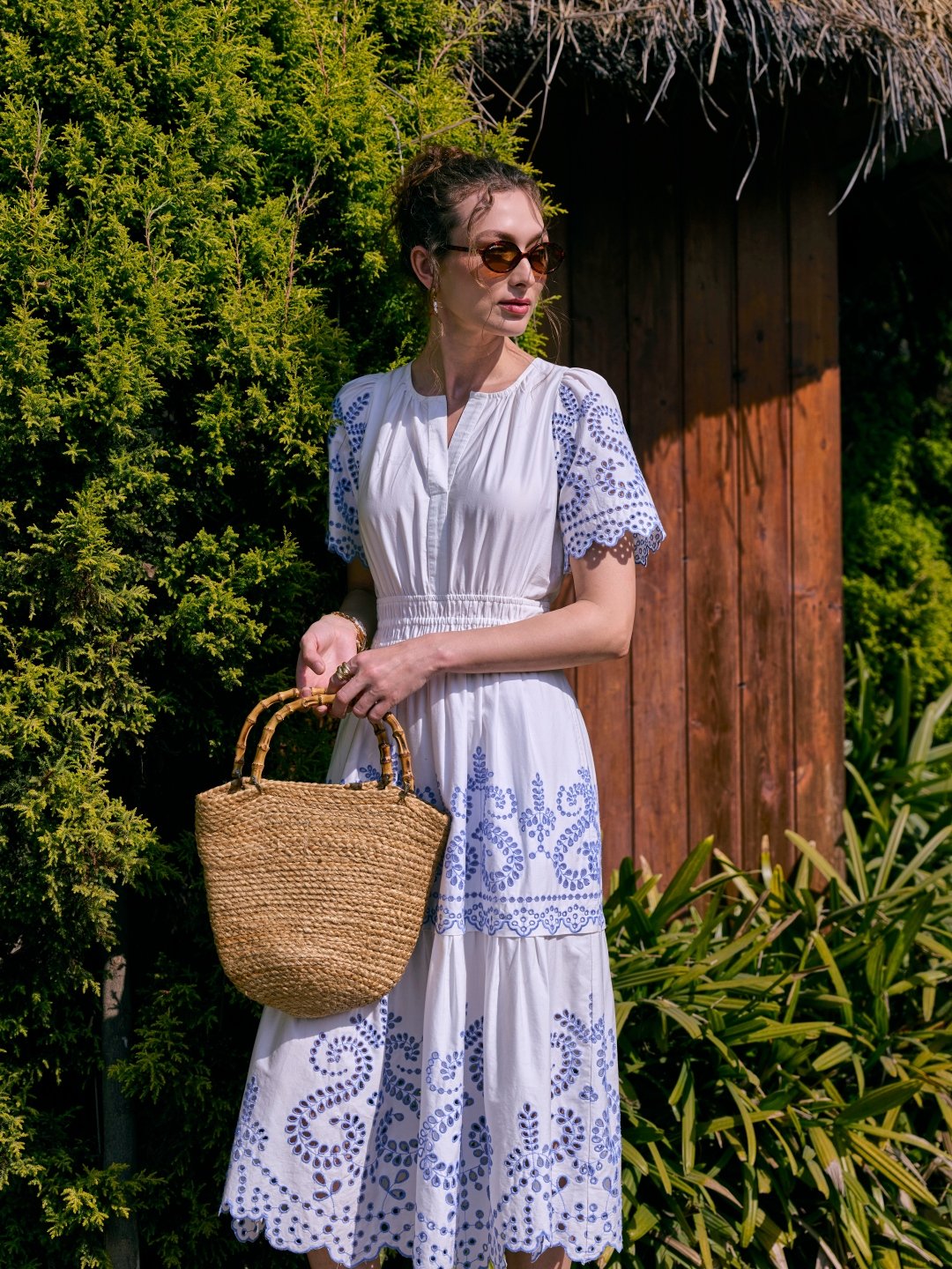 White and Blue Cutwork Tiered Cotton Midi Dress