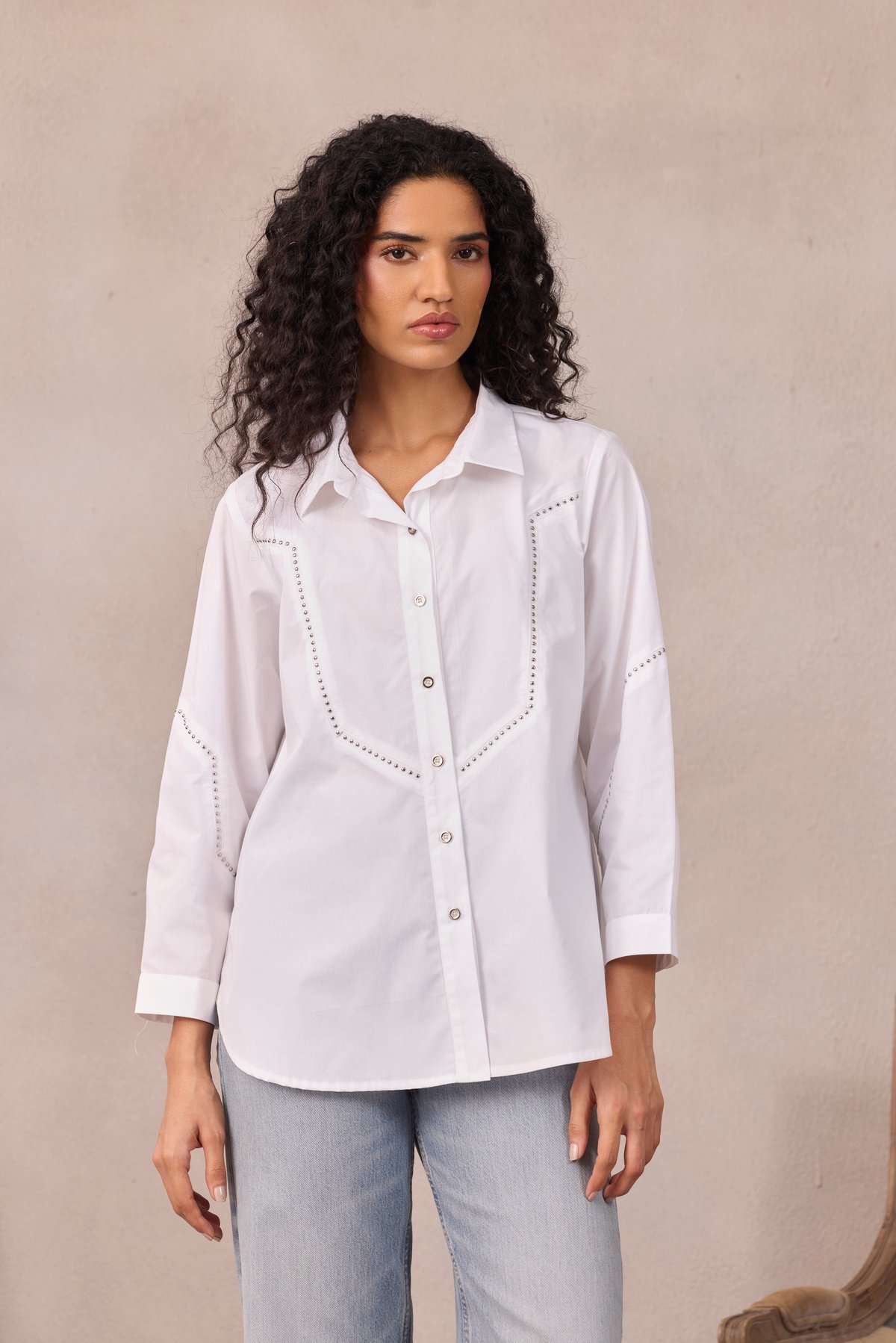 Bright White Longline Cotton Poplin Shirt with Stud Detail