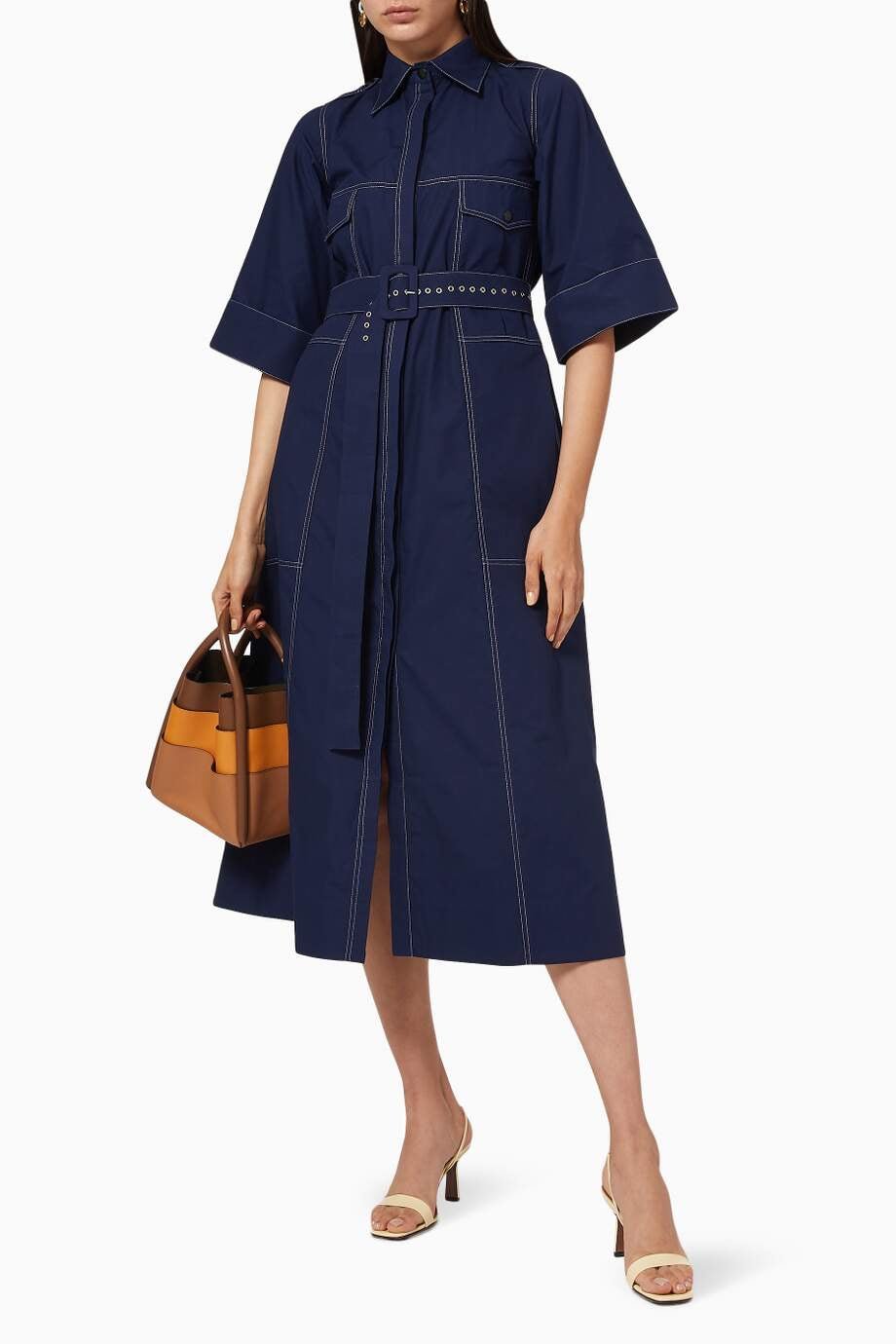 Navy Cotton Poplin Utility Shirt Midi Dress with Belt