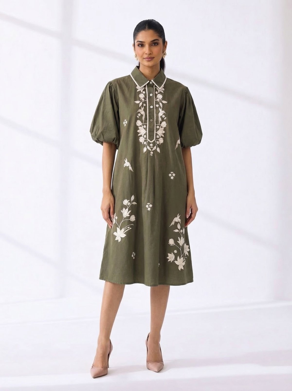 Army Green Embroidered Midi Shirt Dress