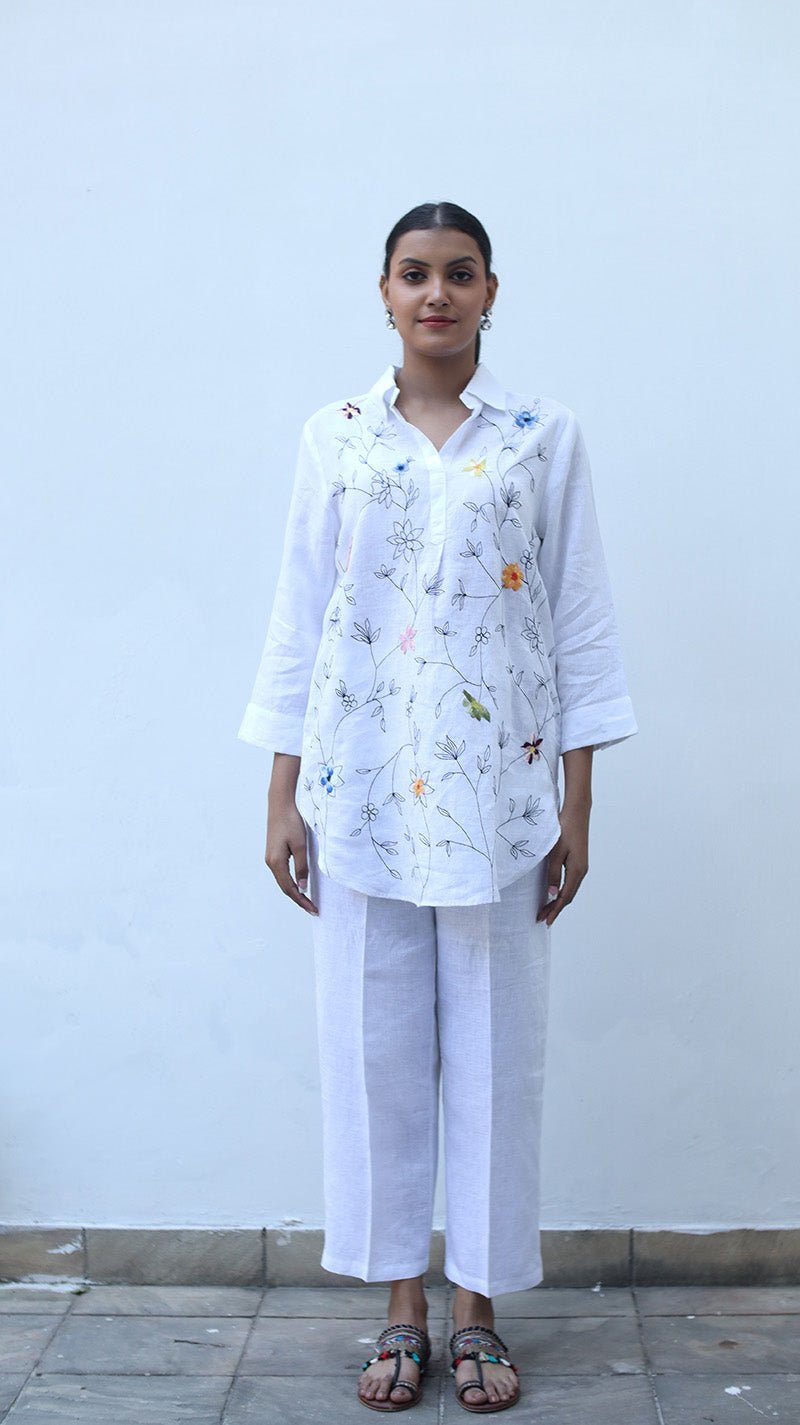 White Pure Linen Floral Embroidered Longline Shirt