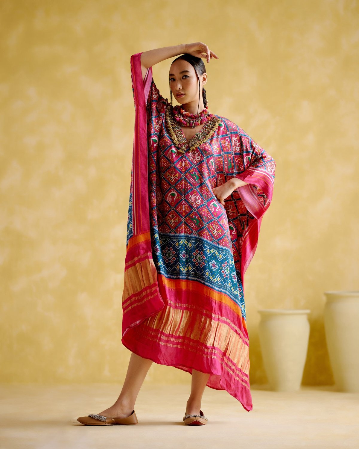 Fushia Printed Modal Satin Kaftan with Embellished V-Neck