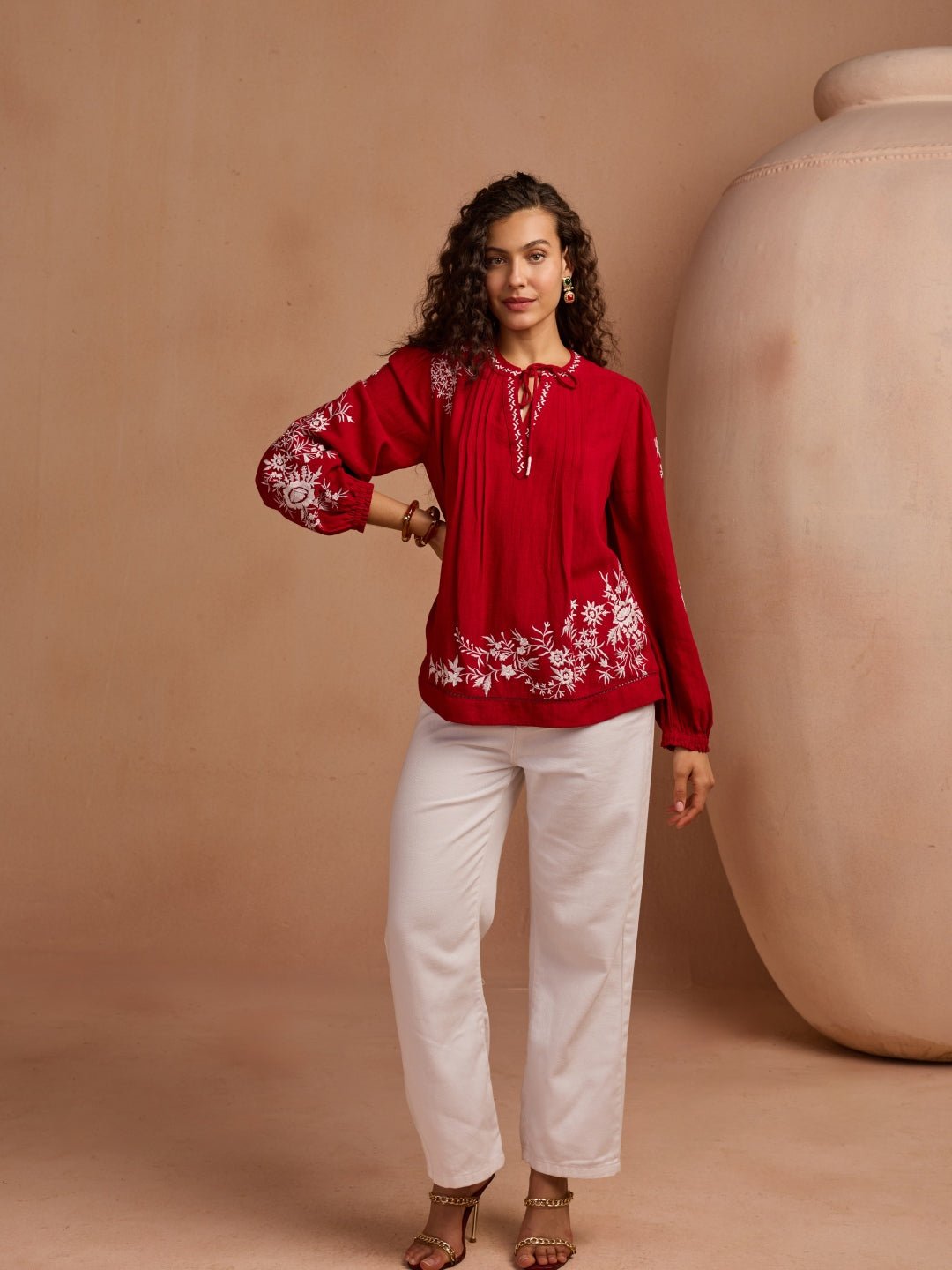 Red Embroidered Tie-Up Neck Full Sleeve Top