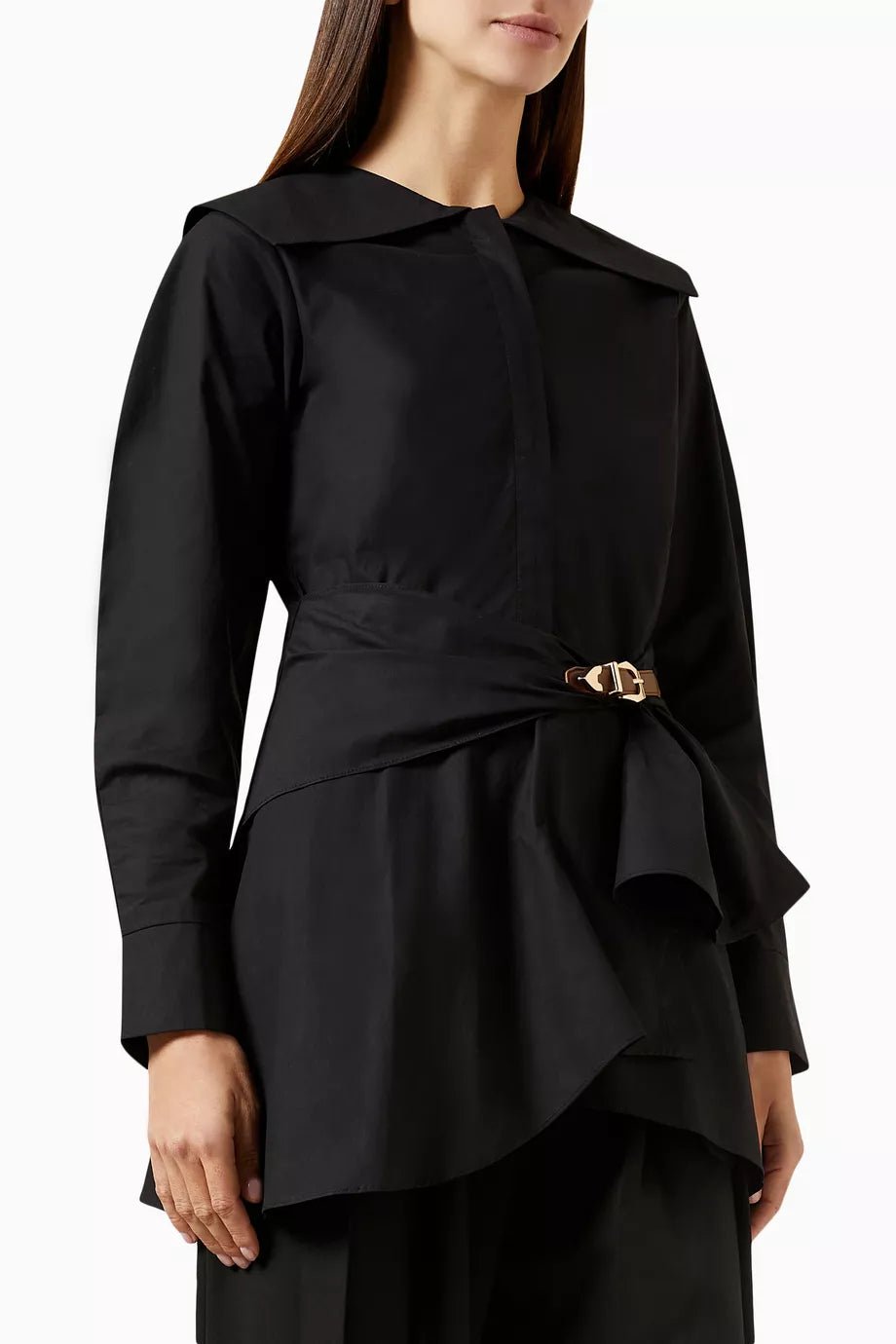 Black Cotton Poplin Belted Shirt