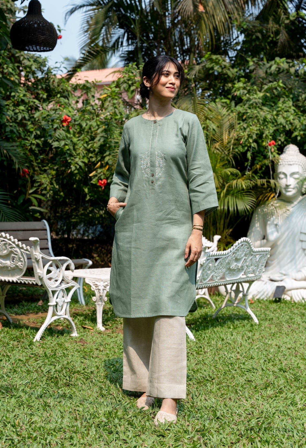 Moss Green Linen Straight Kurta Set with Embroidered Placket