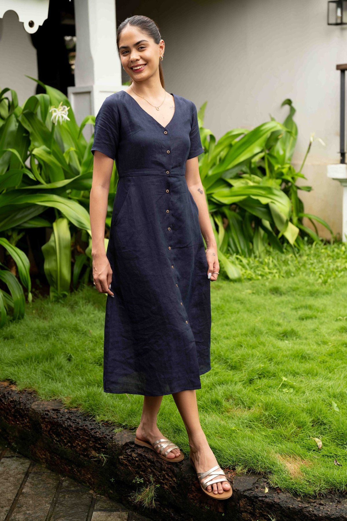 The Linen V Neck Buttondown Dress