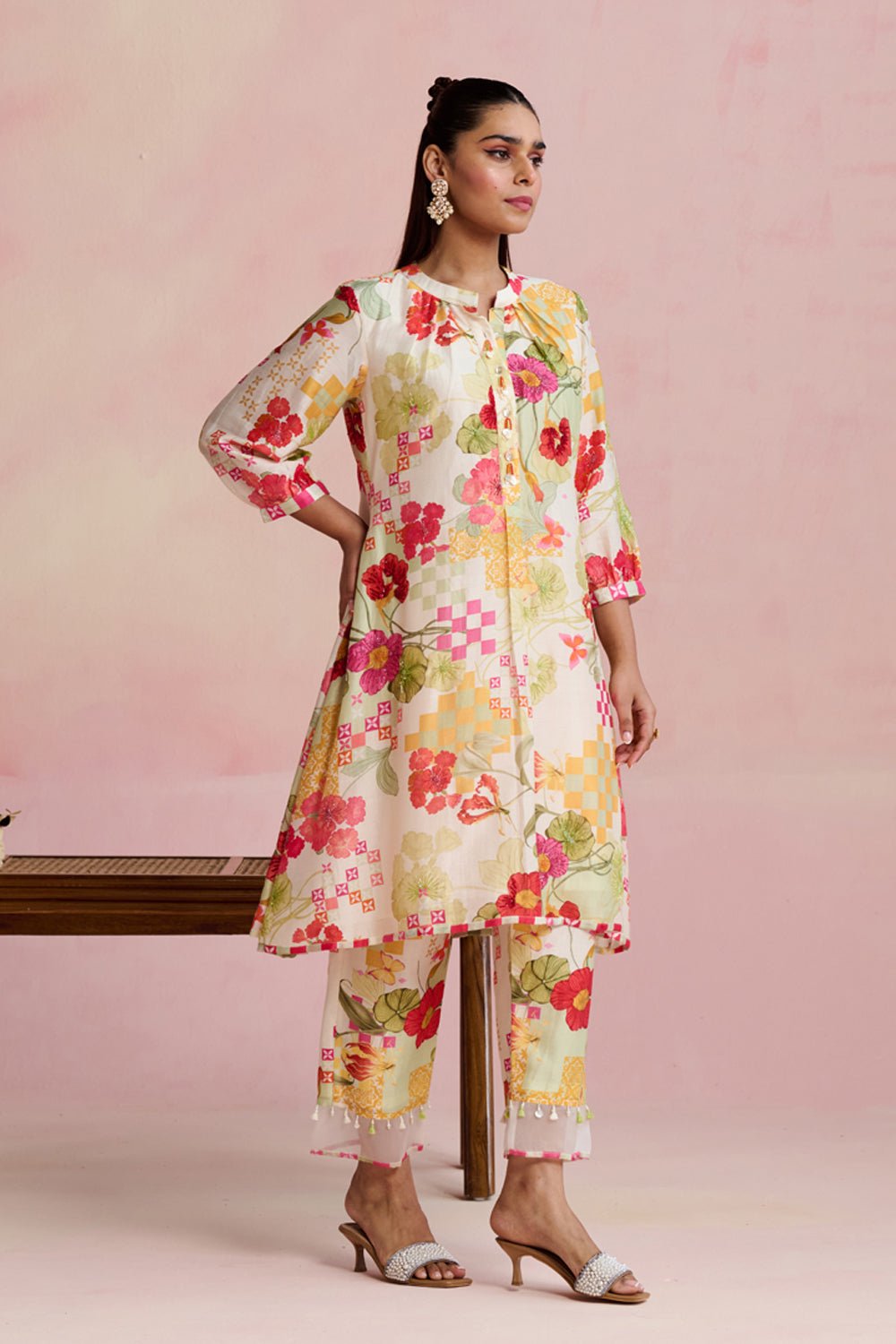 Multicolor Printed Silk Chanderi Kurta Set with Pants