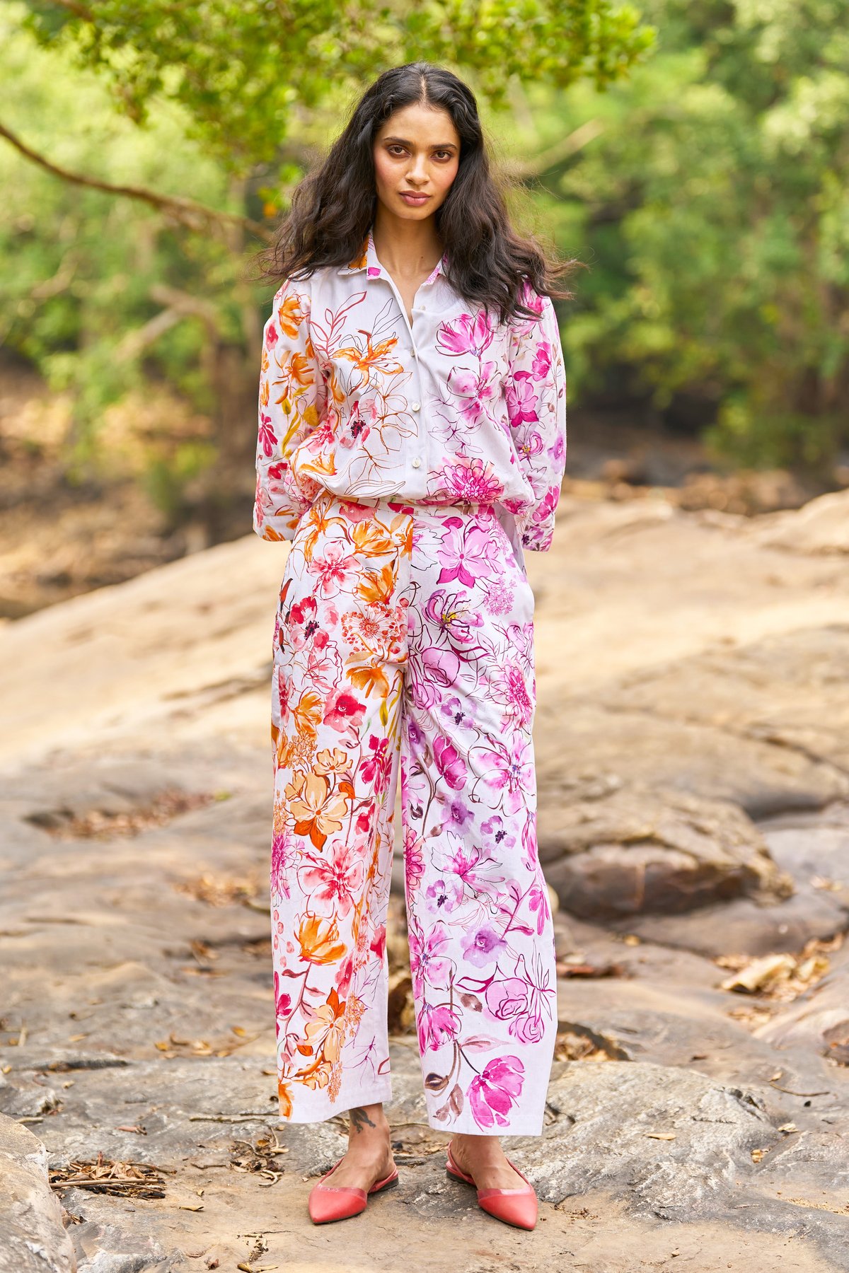 Multicolor Floral Print Wide-Leg Organic Cotton Trousers