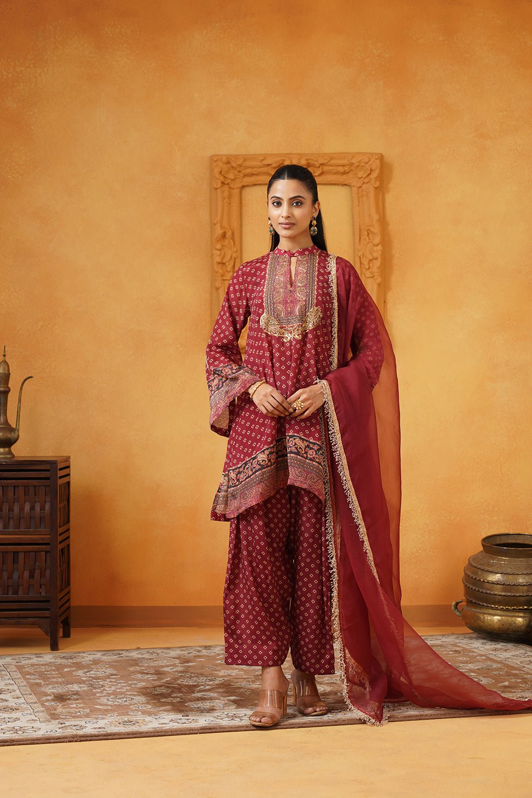 Red Printed Crepe Tunic and Palazzo Co-ord Set with Dupatta