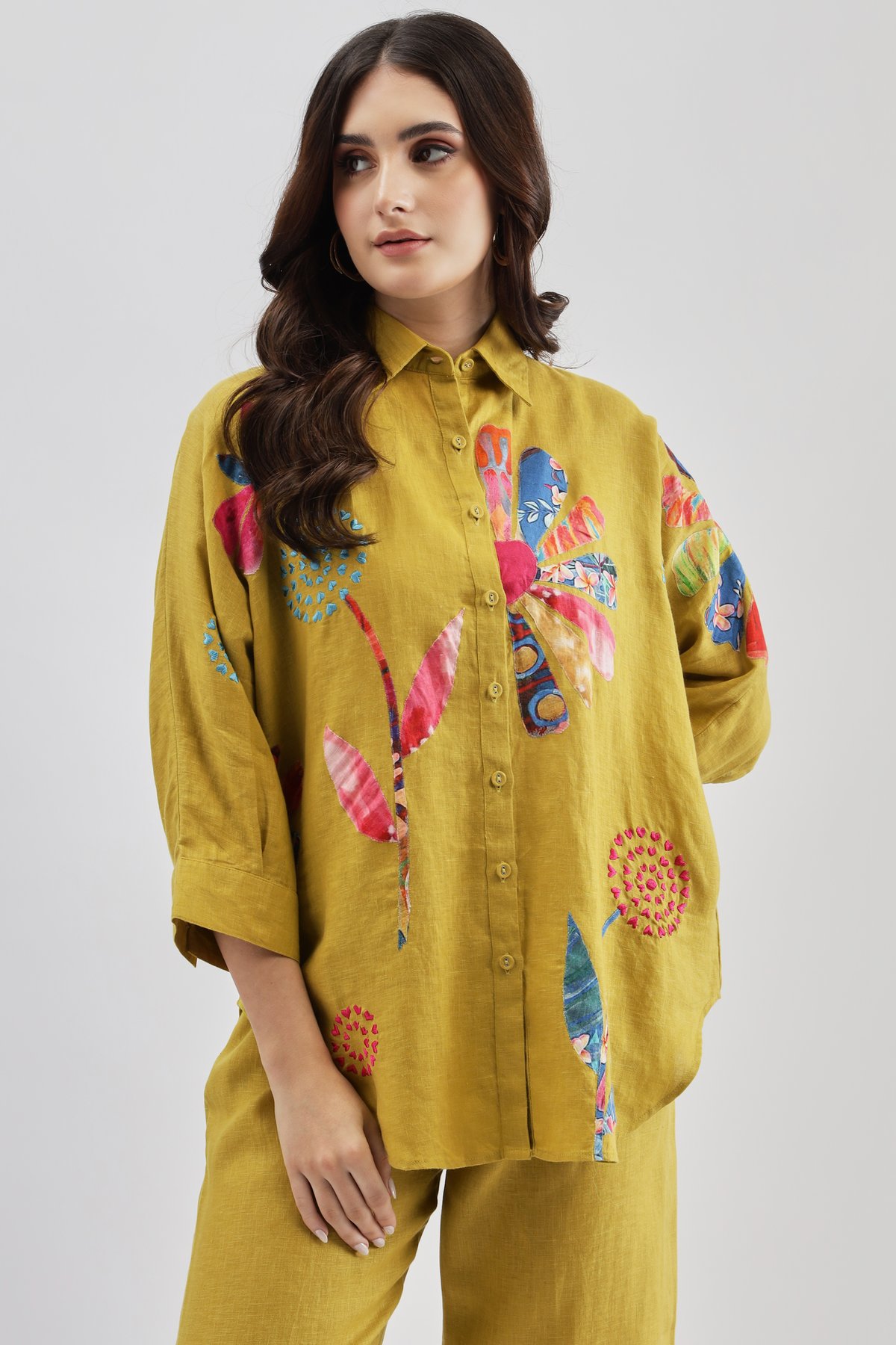 Mustard Linen Button-Down Shirt with Multicolor Floral Motifs
