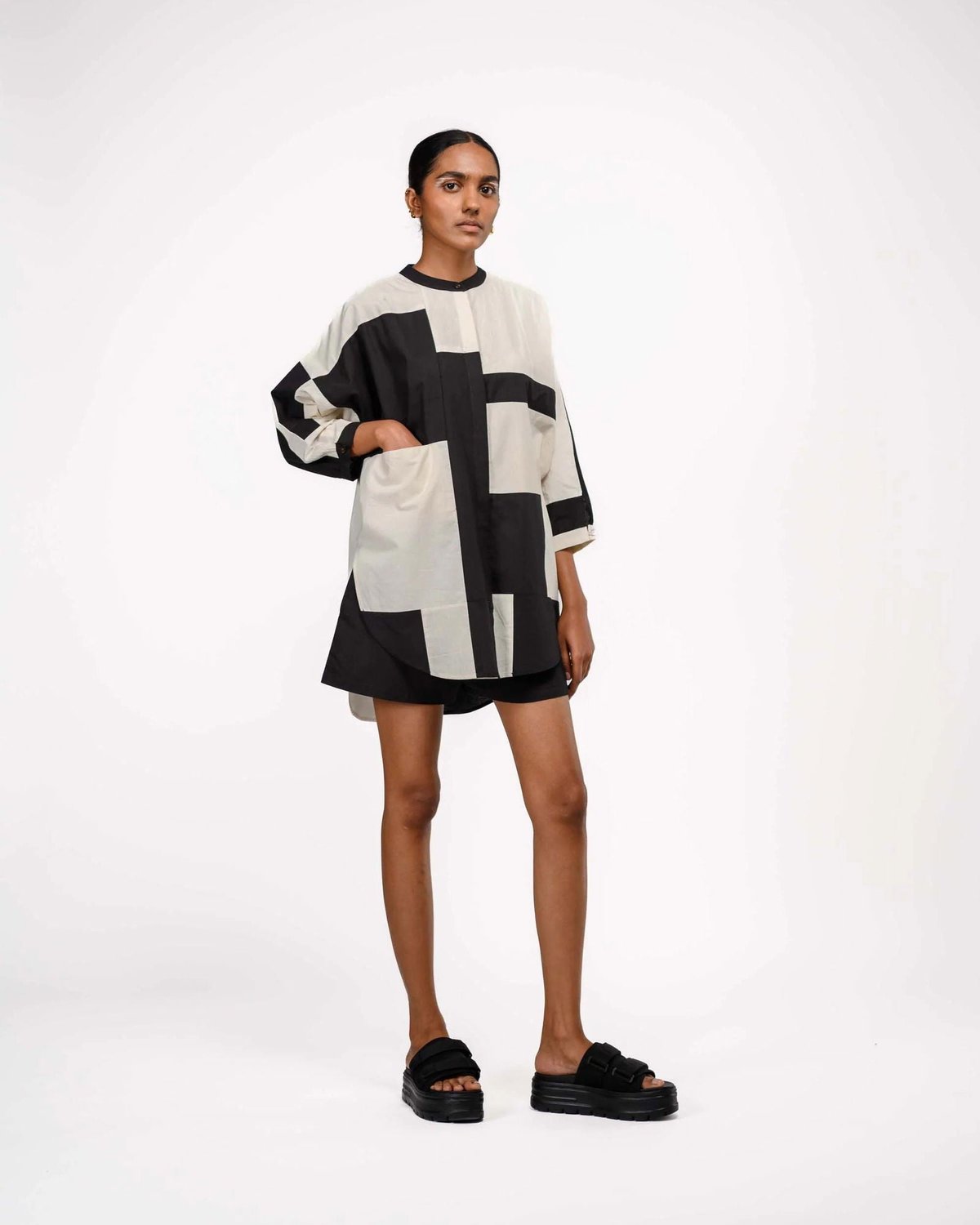 Black and Beige Geometric Shirt and Shorts Co-ord Set