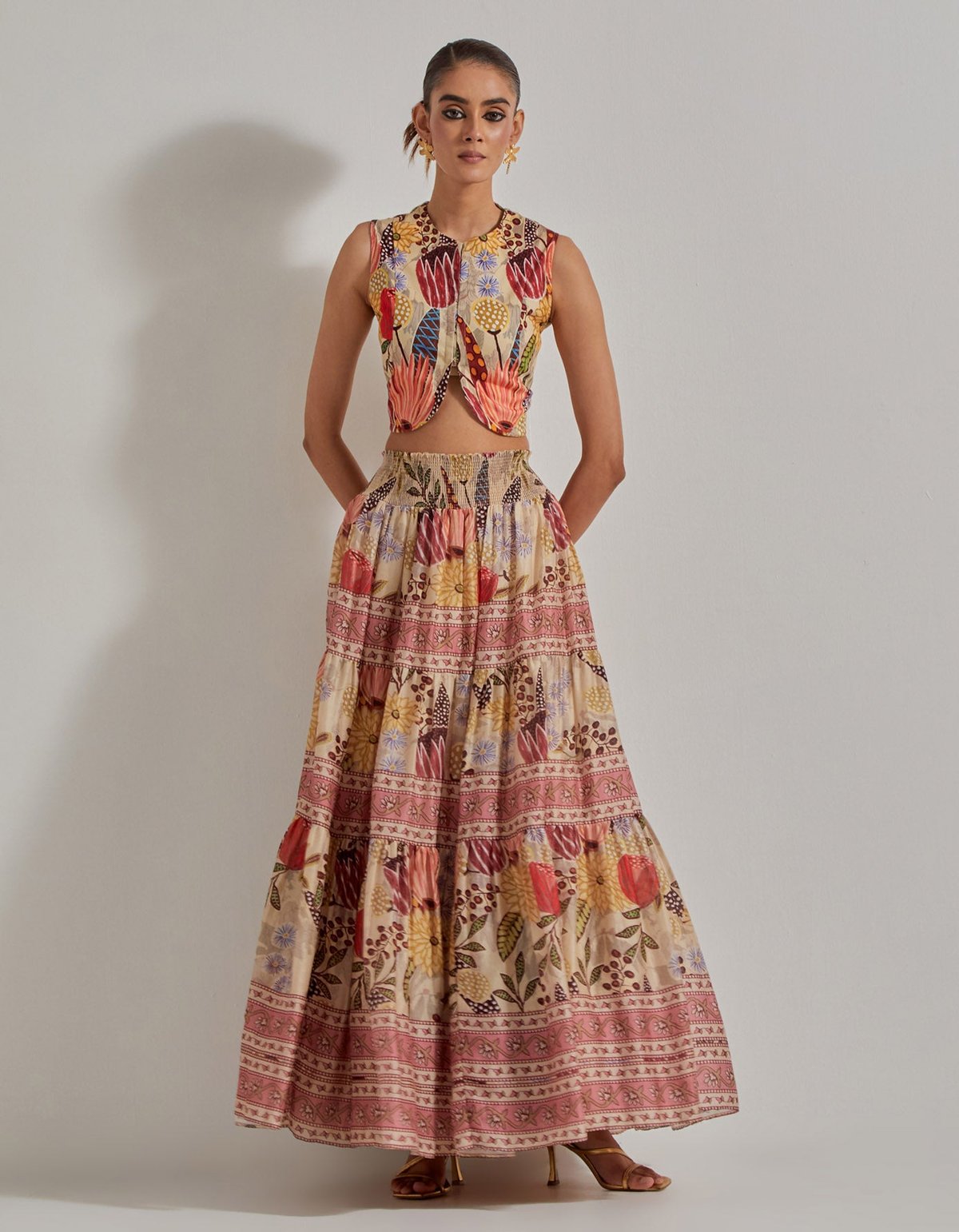 Beige Printed Waistcoat and Tiered Maxi Skirt Co-ord Set