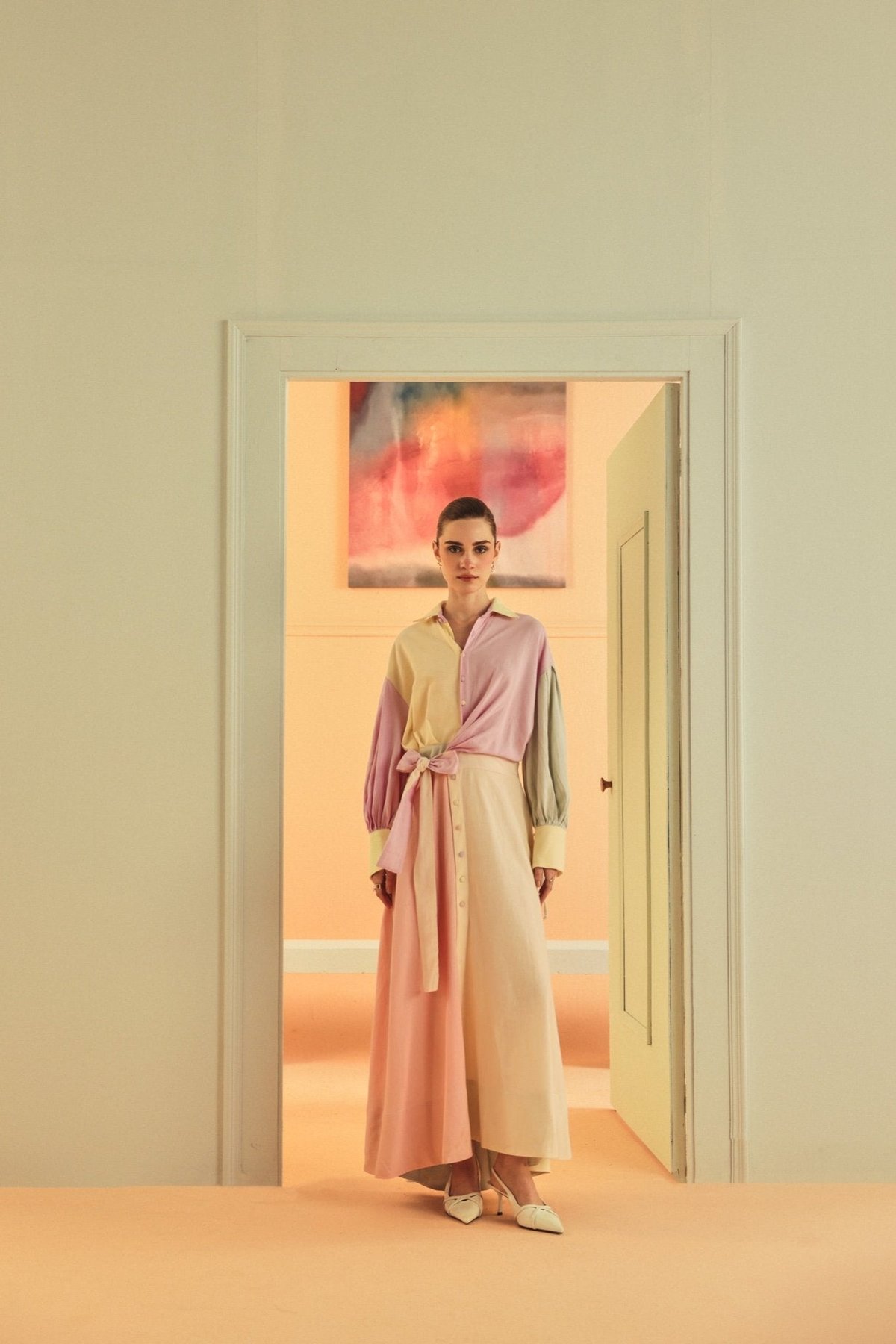 Pastel Colorblocked Linen Lyocell Maxi Shirt Dress