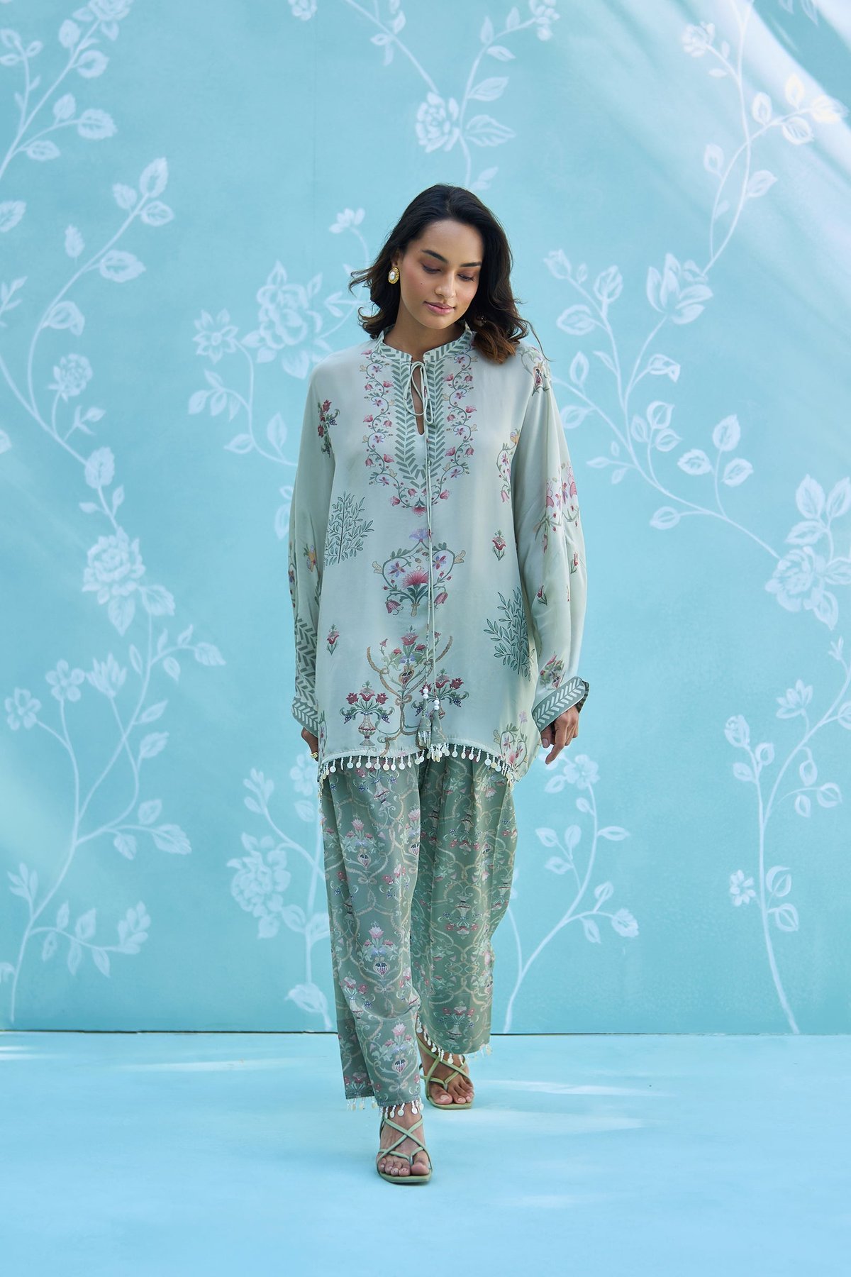Green Botanical Print Tunic and Pants Co-ord Set