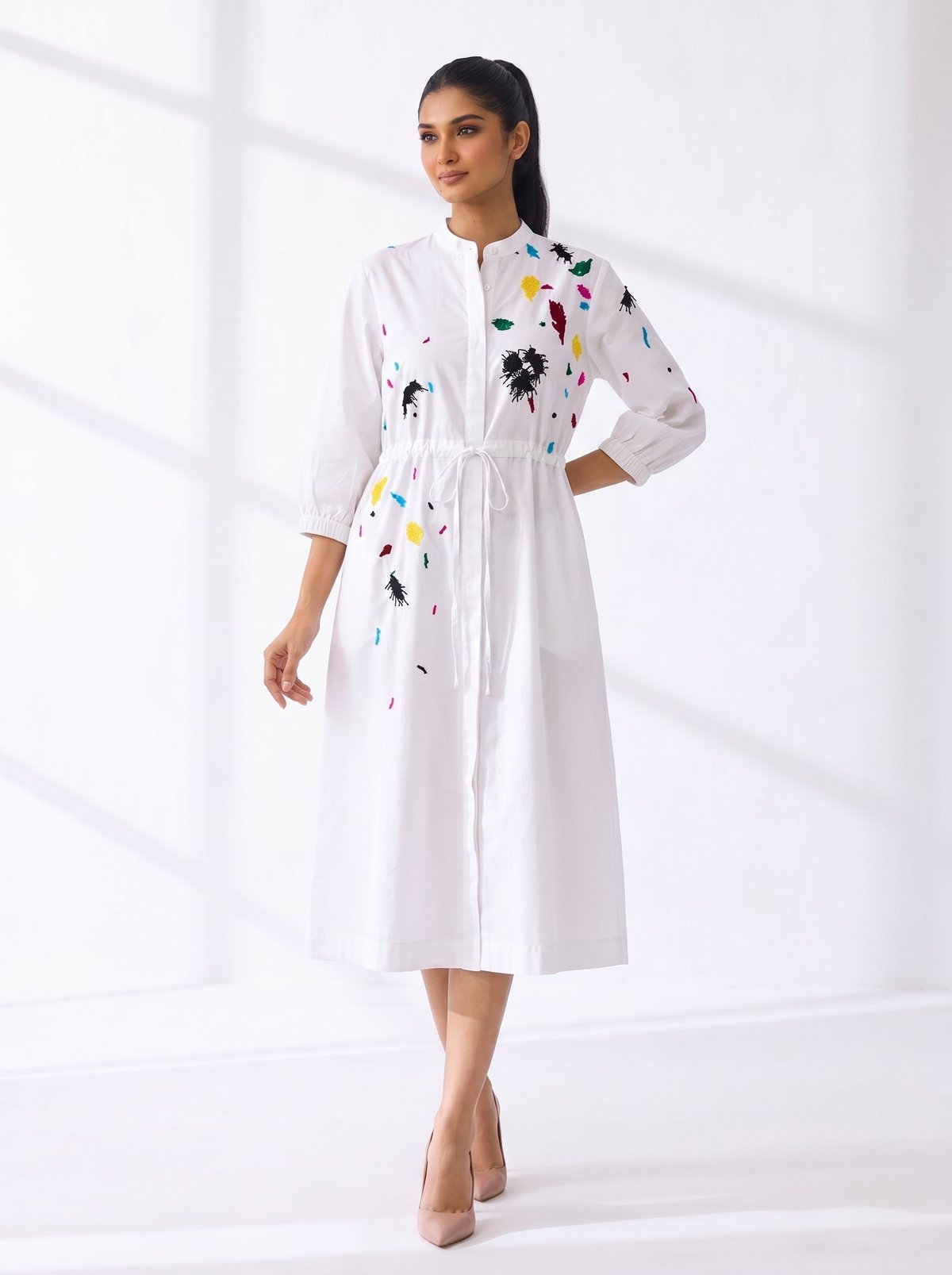 White Abstract Print Midi Shirt Dress with Waist Tie