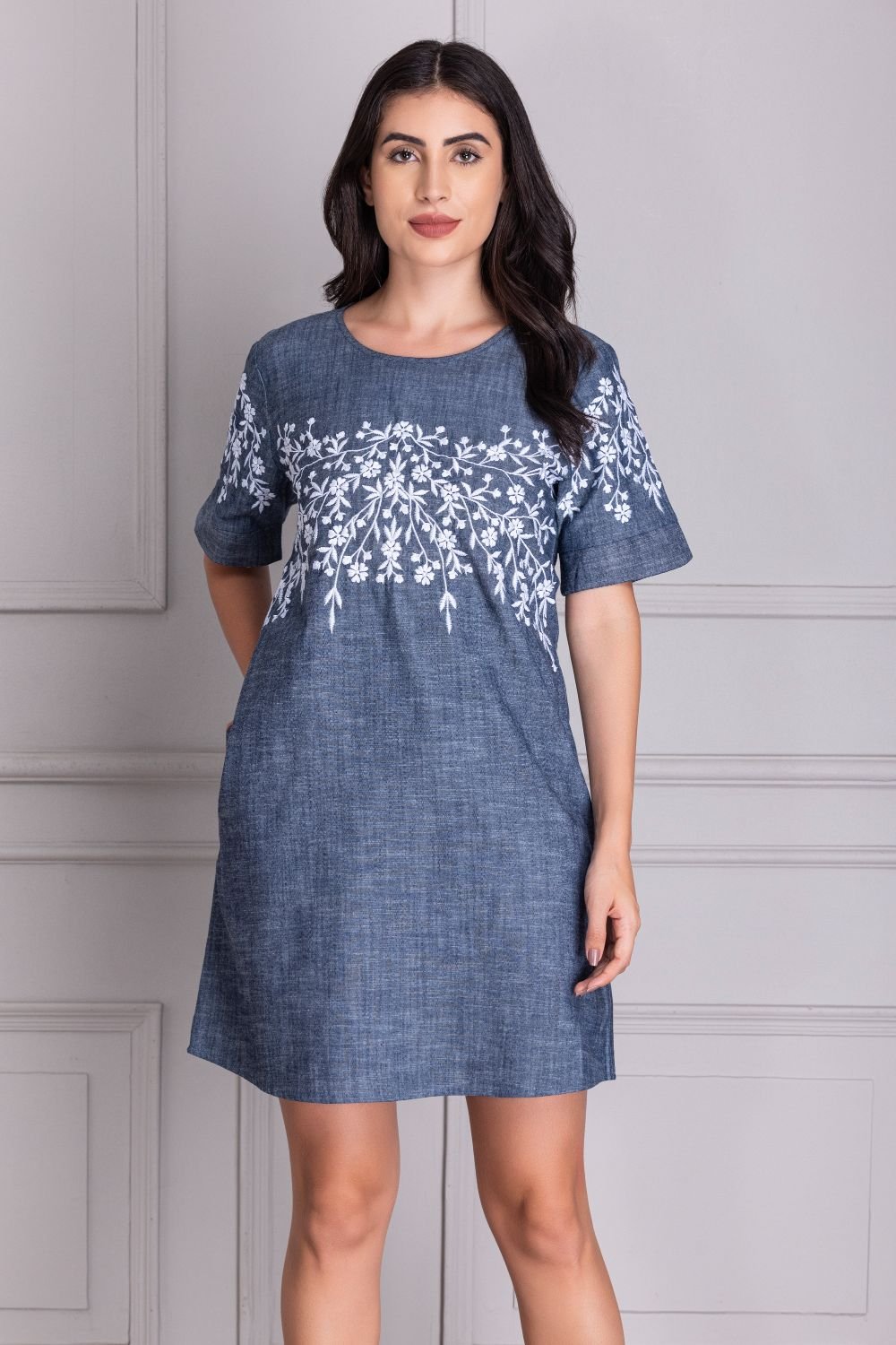 Blue Denim Embroidered Yoke Mini Dress