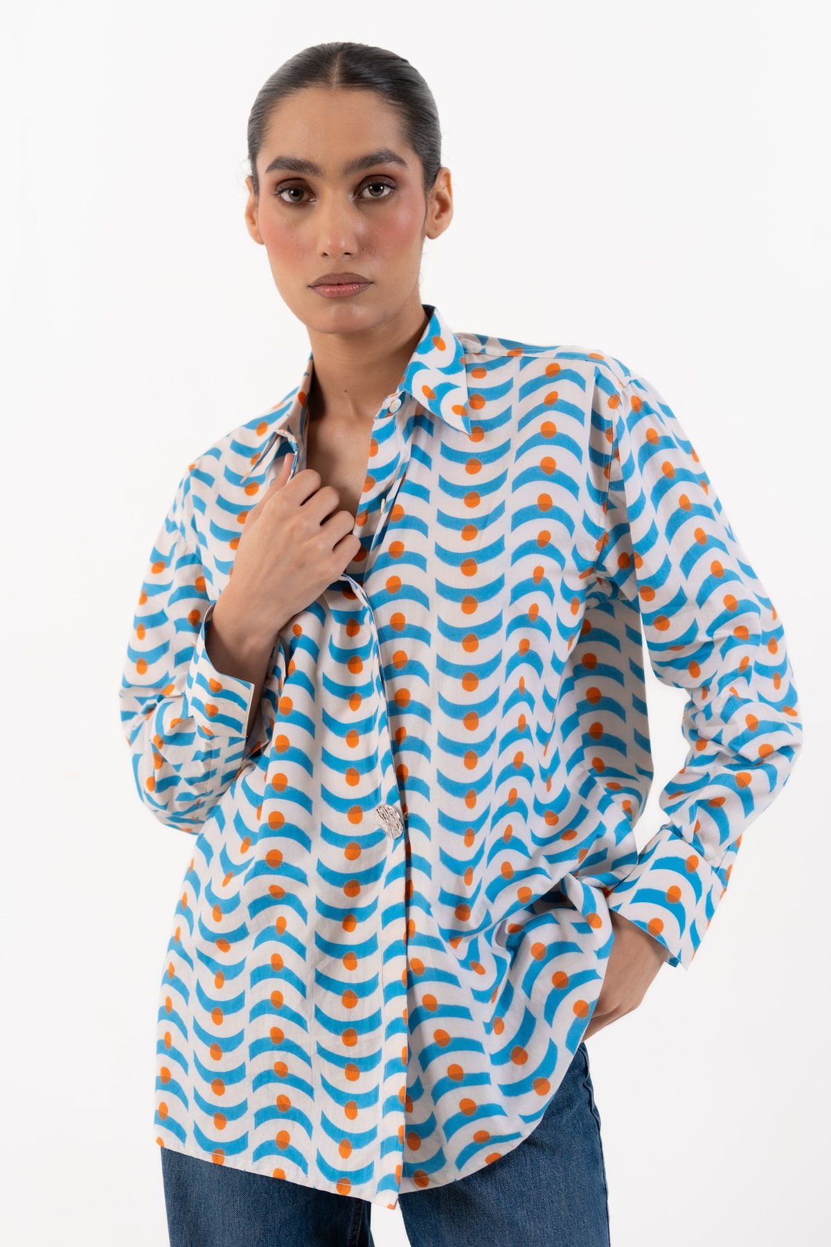 White and Sky Blue Geometric Oversized Wrap Shirt