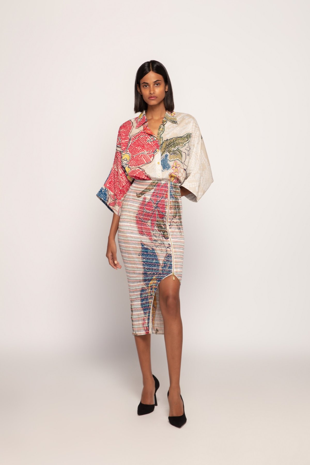 Ivory/Multi Bandhani Print Pencil Midi Skirt