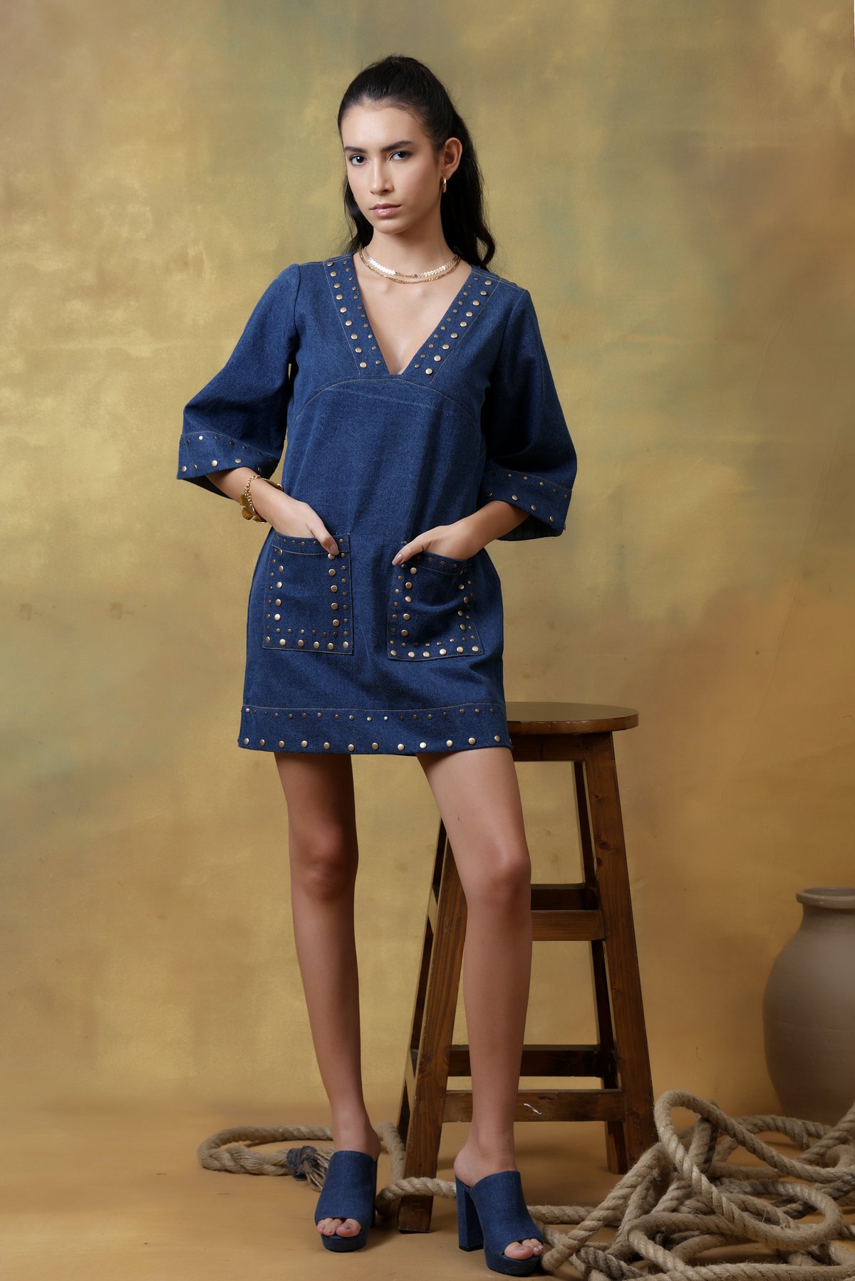 Dark Denim V-Neck Straight Mini Dress with Rivet Detail
