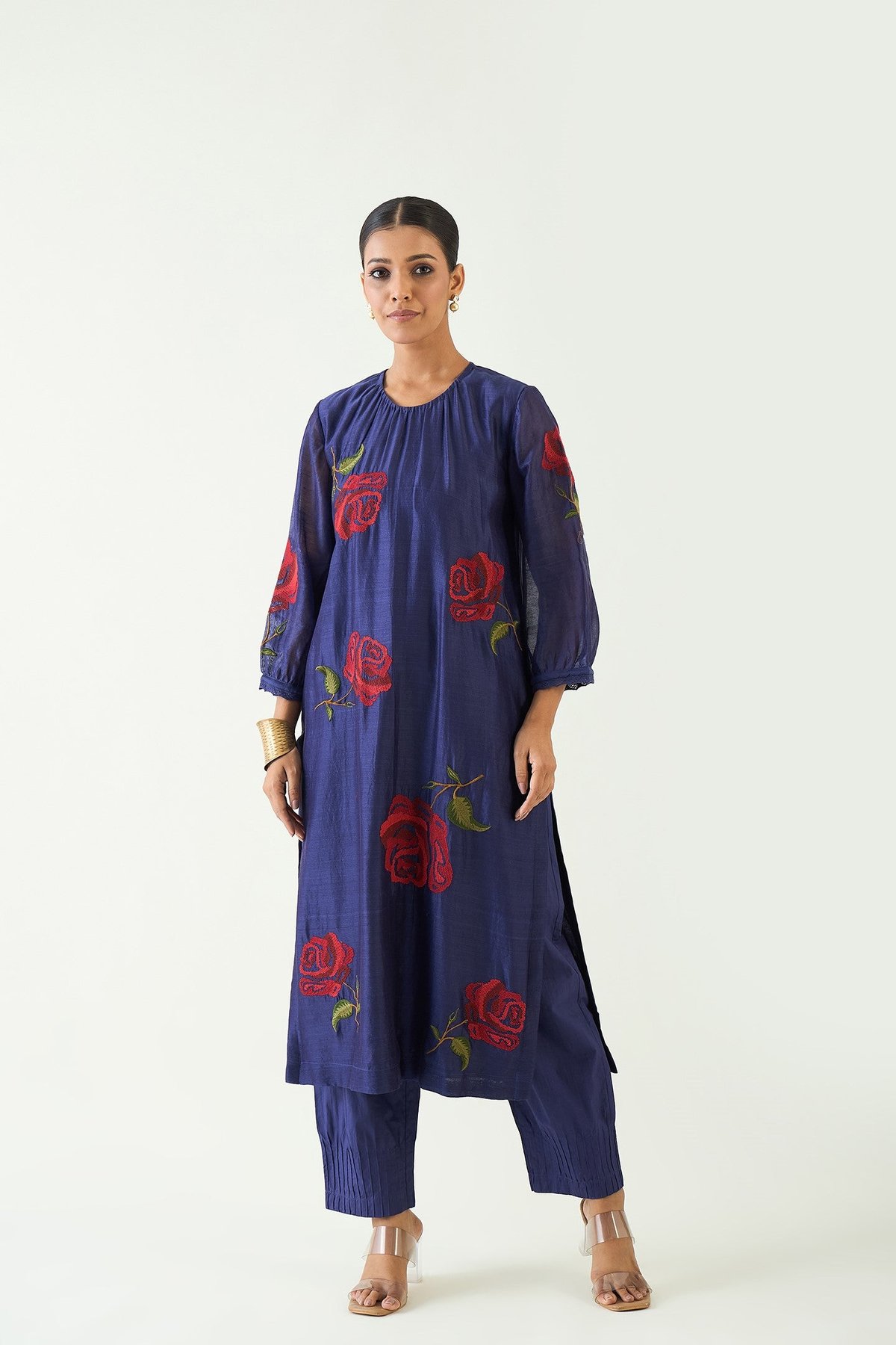 Royal Rose: Purple Chanderi Red Embroidery Rose Kurta