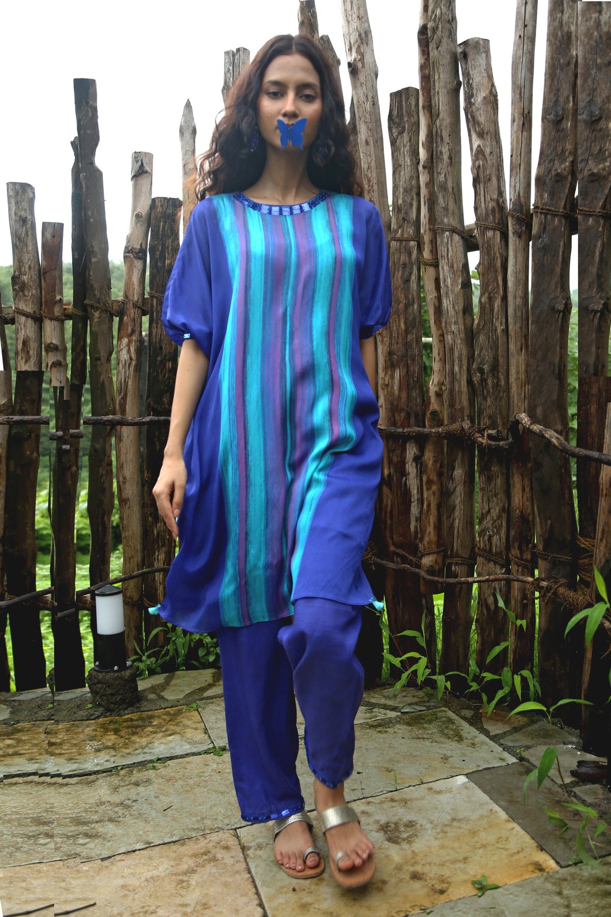 Blue Striped Panel Kurta Set with Straight Pants