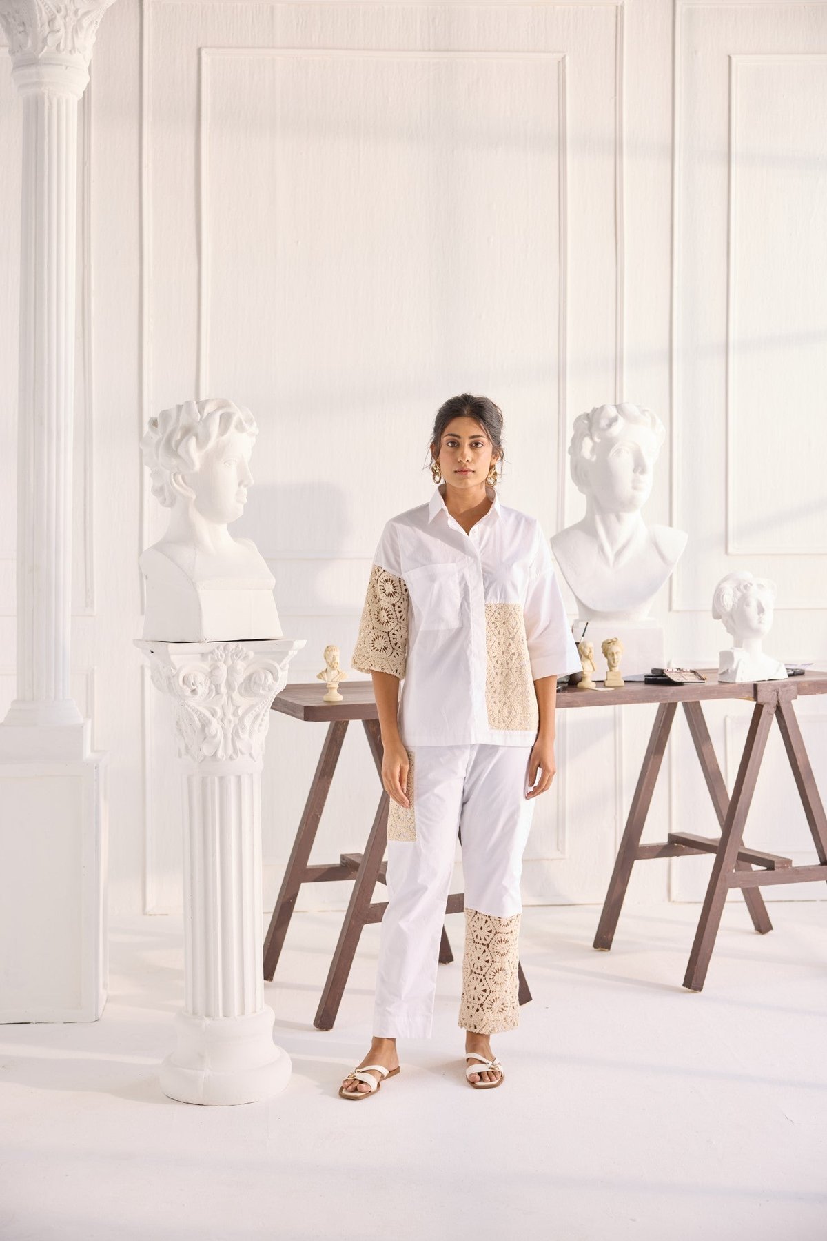 White Poplin Crochet Patchwork Shirt and Pants Co-ord Set