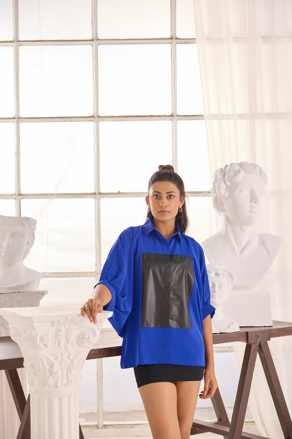 Blue Boxy Crepe Shirt with Black Leather Panel Detail