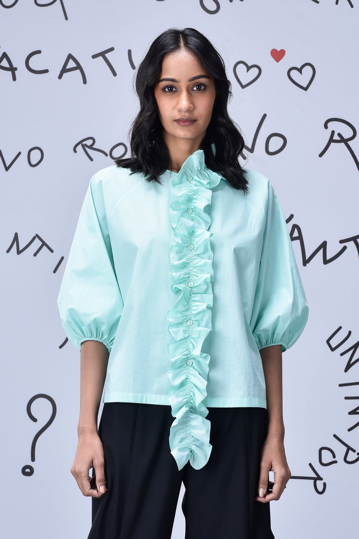 Nile Green Ruffle Front Relaxed Fit Cotton Poplin Top