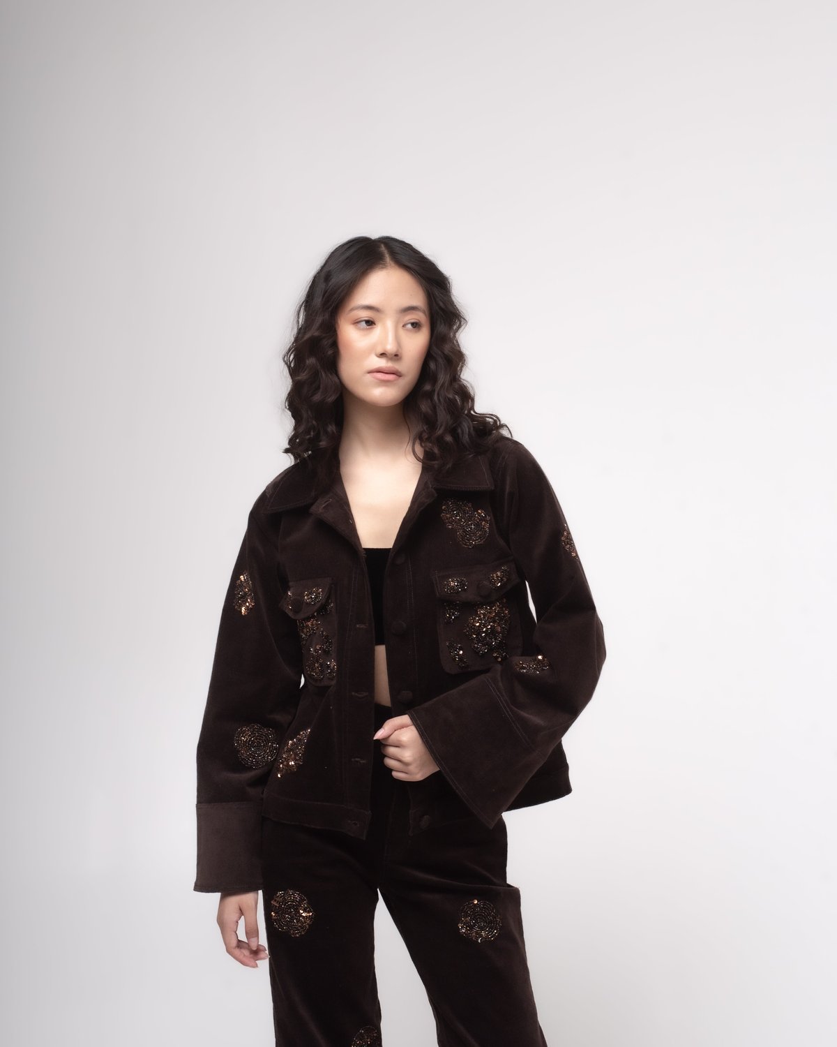 Dark Brown Embellished Corduroy Cropped Jacket