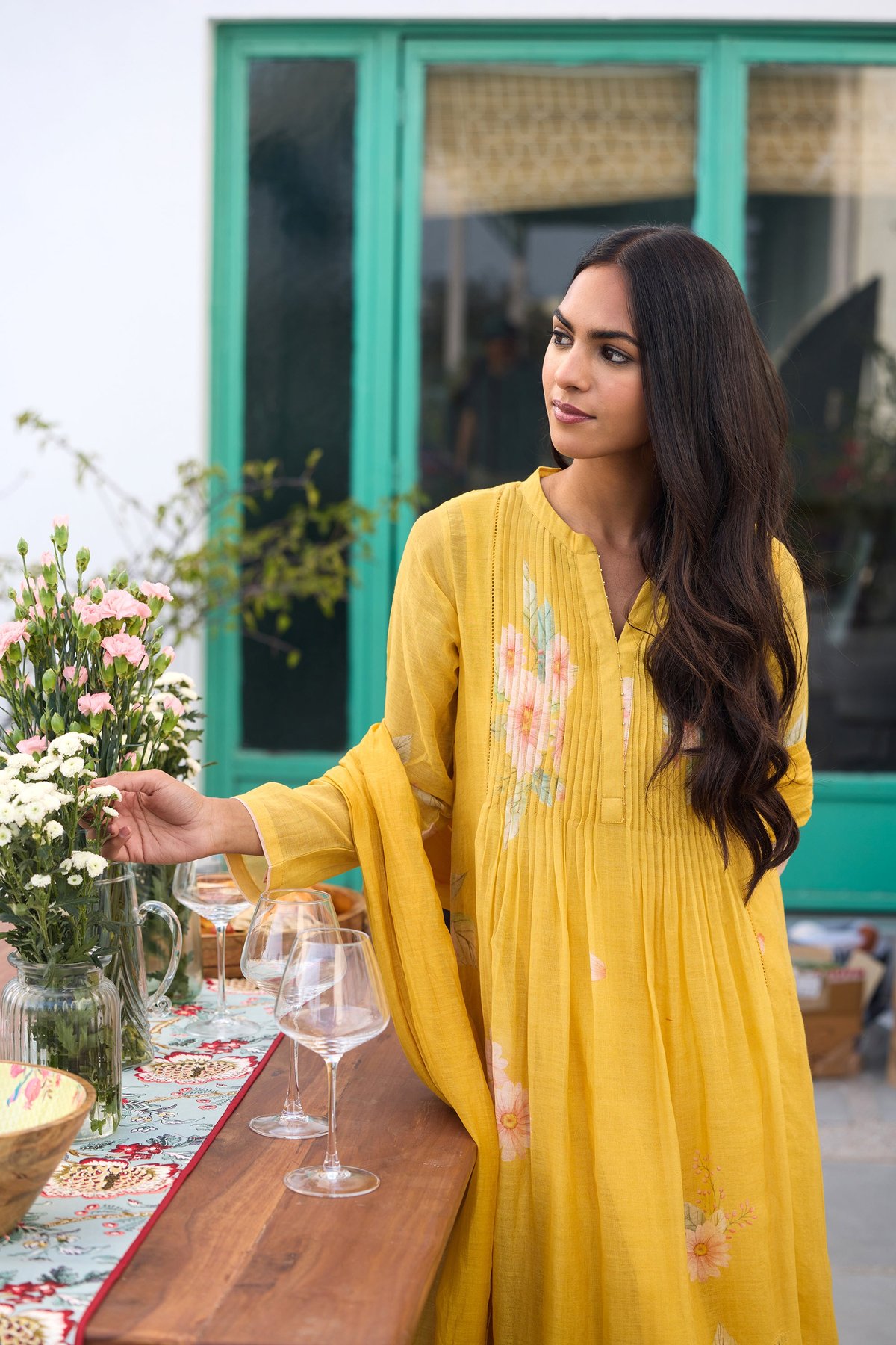 Mustard Yellow Hand-Painted Floral Kurta Set
