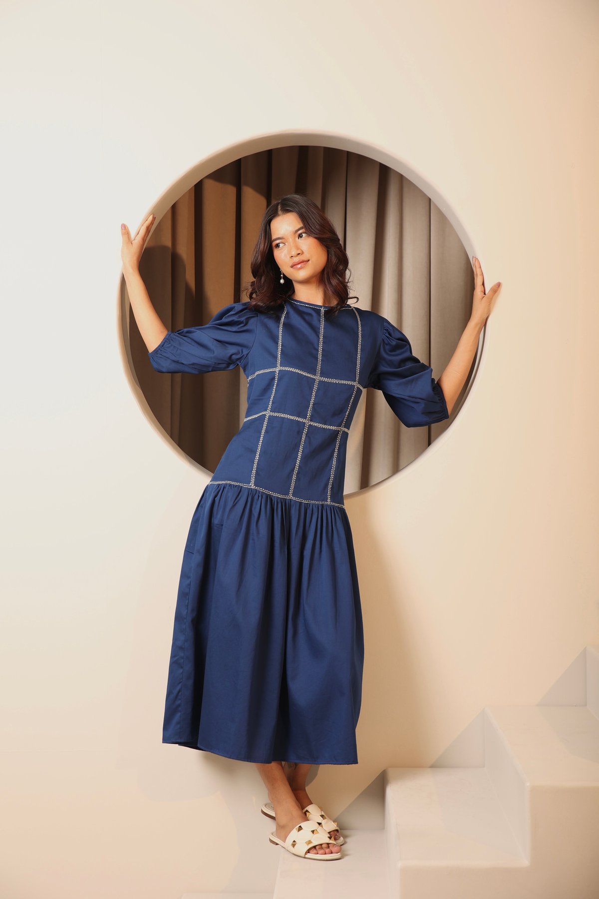 Navy Blue Cotton Satin Embroidered Seam Midi Dress