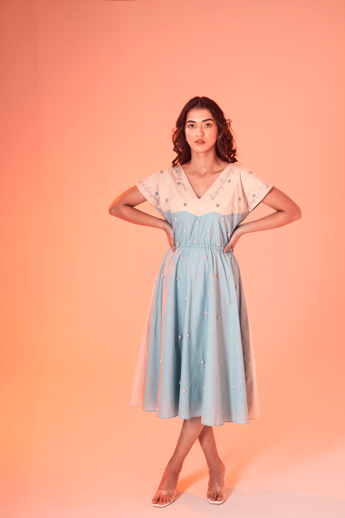 Cream and Sea Green Colorblock V-Neck Midi Dress