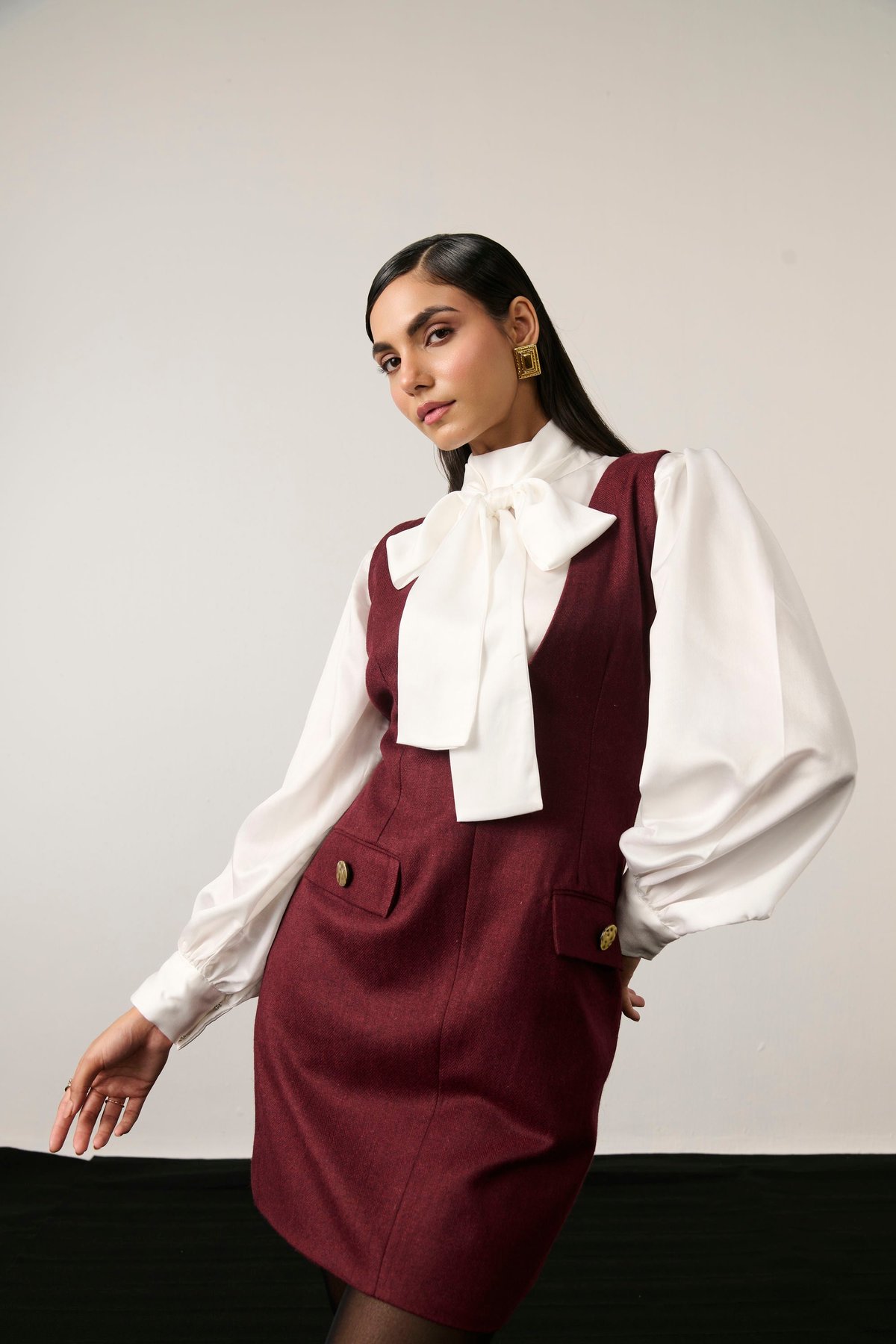 Maroon and Ivory Colorblocked Bow Tie Mini Dress
