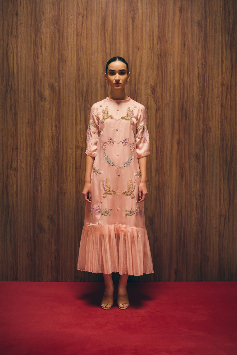 Pastel Pink Satin Organza Embroidered A-Line Maxi Dress