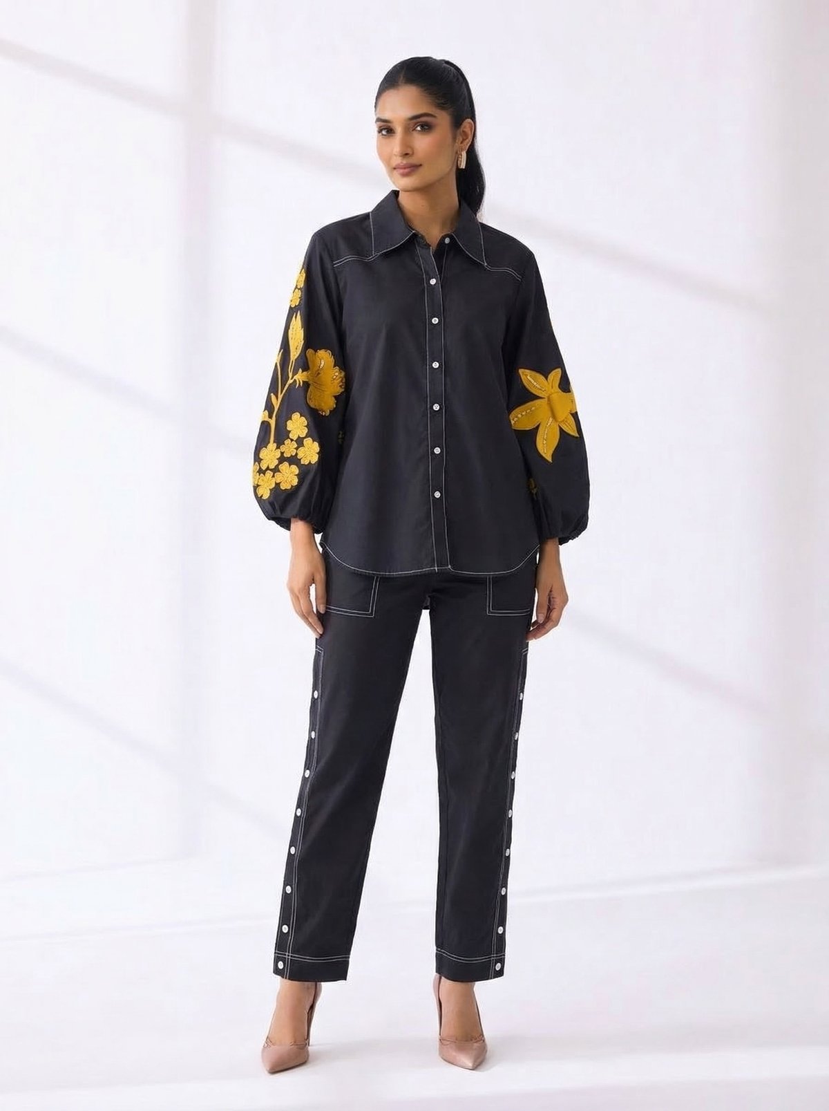 Beige Hibiscus Embroidery Coord Set With Button Pant