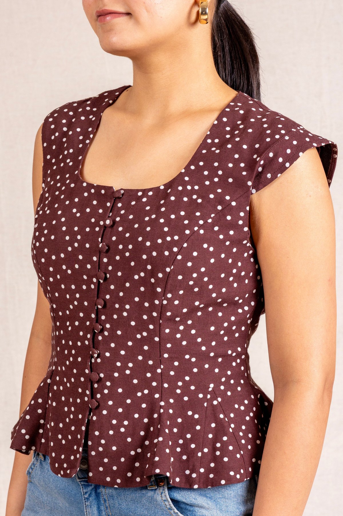 Brown Polka Dot Peplum Sleeveless Top
