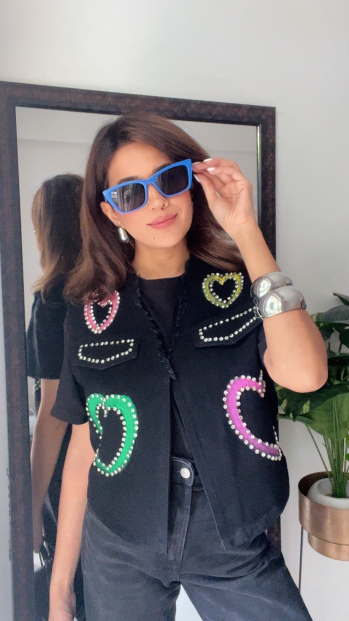 Multi Color Studded Heart Denim Gilet