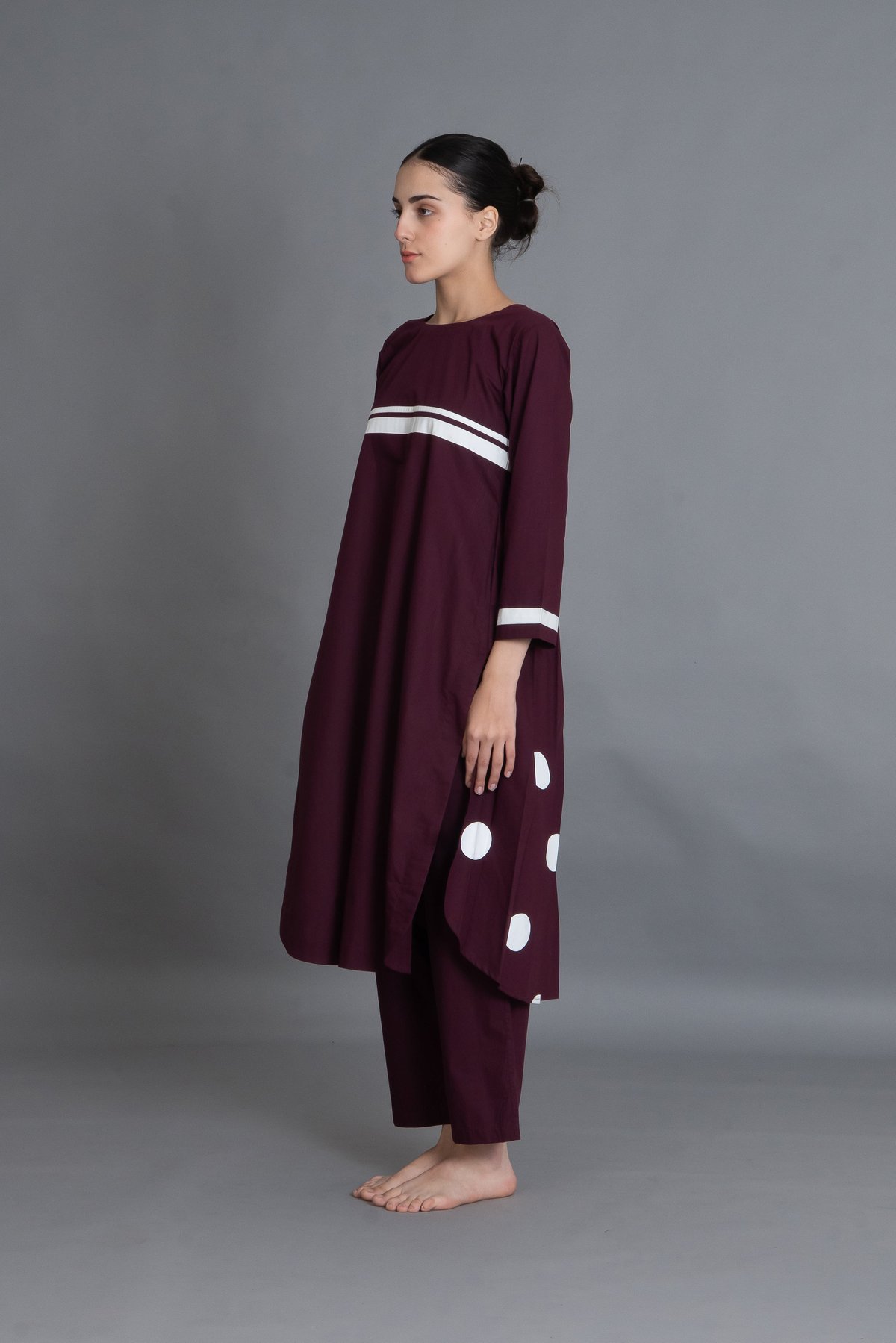 Maroon Polka Pleated Back Dress Co-ord