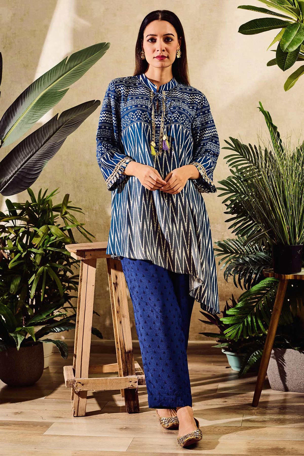 Cotton Silk Print Geometric Round Collar Tunic With Pant
