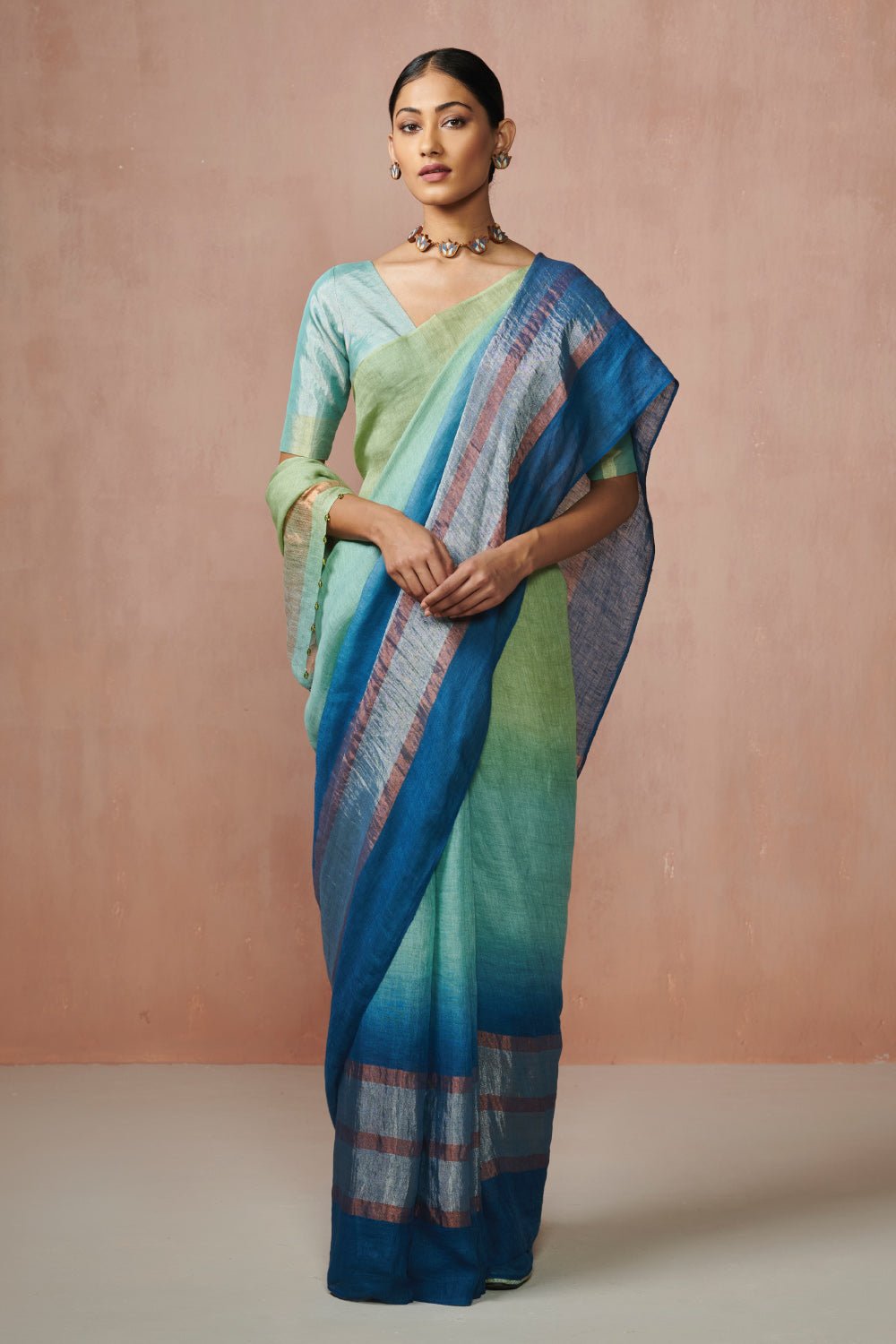 Blue Ombre Linen Saree with Striped Border