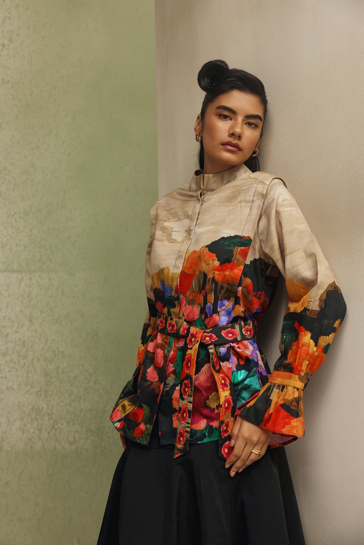 Beige Painterly Printed Cotton Satin Shirt with Belt