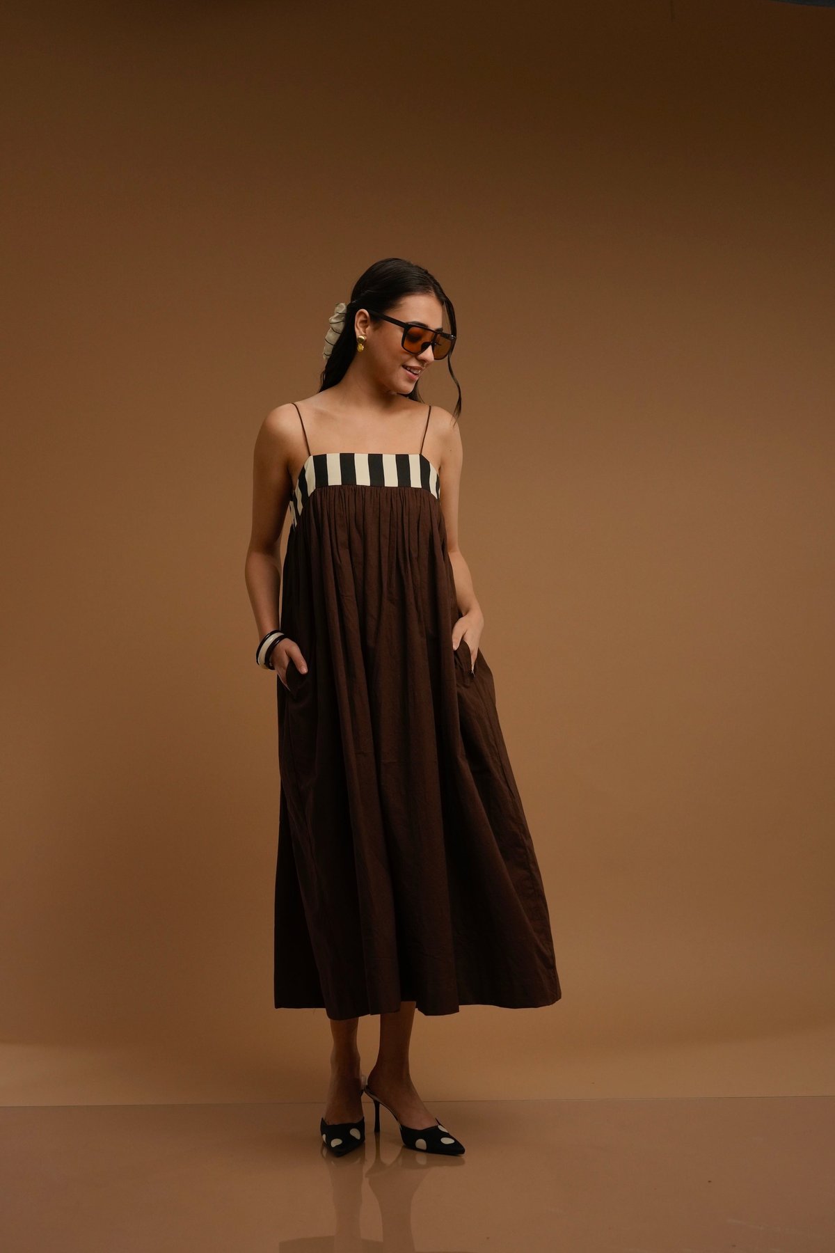 Brown Smock Midi Dress with Striped Yoke